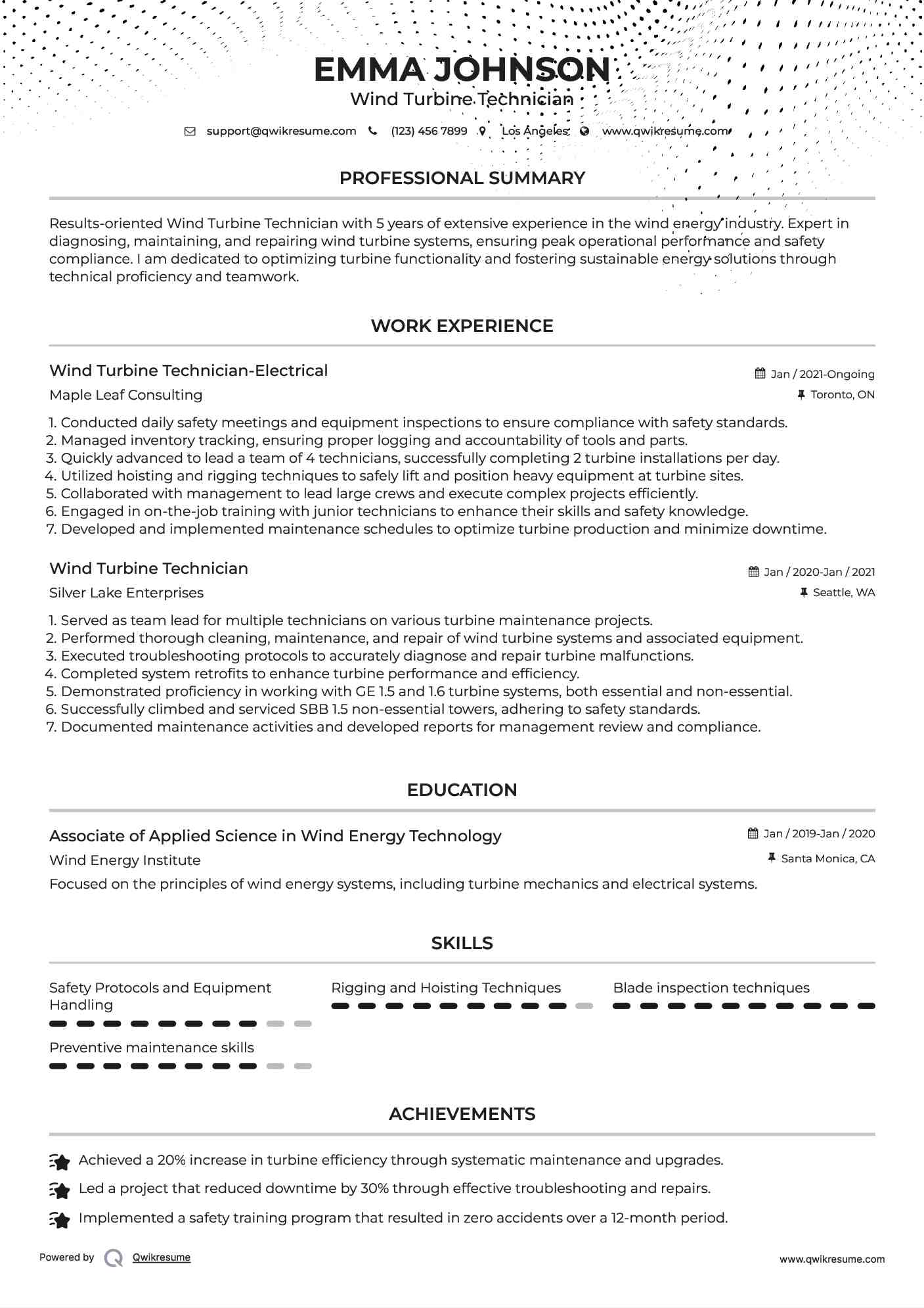 Wind Turbine Technician-Electrical Resume Example