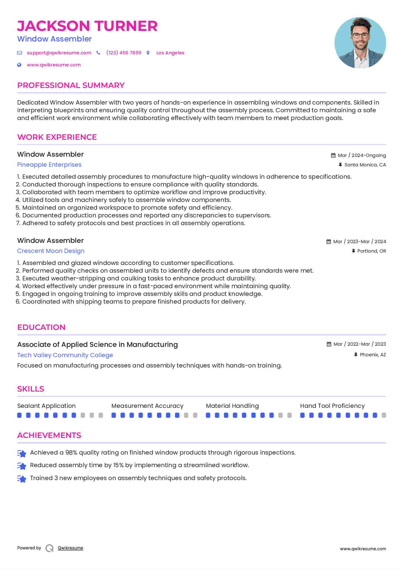 Window Assembler Resume Samples QwikResume