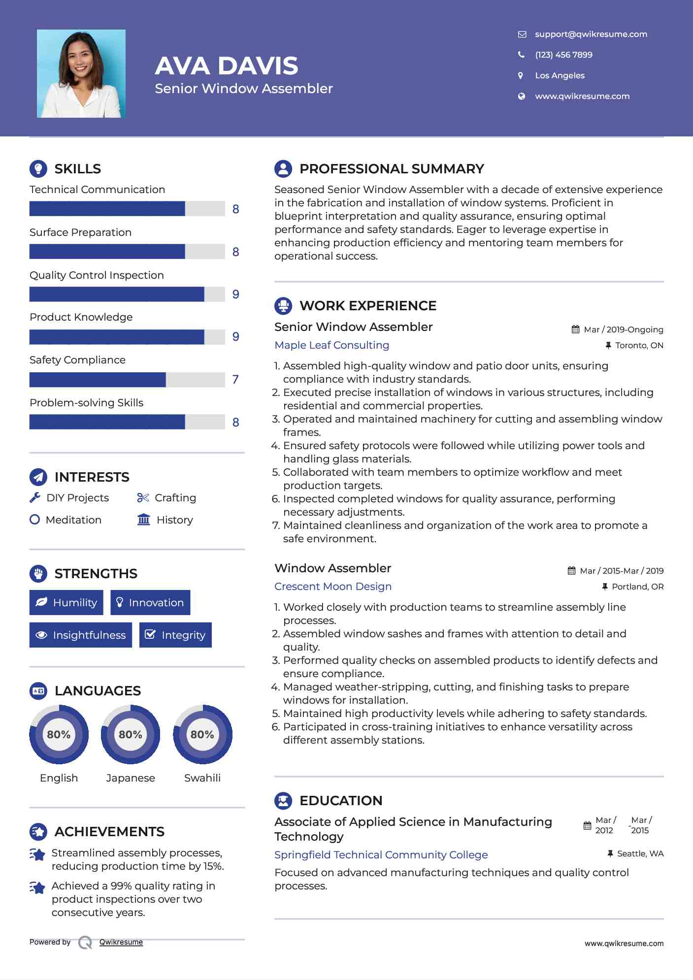 Window Assembler Resume Samples QwikResume