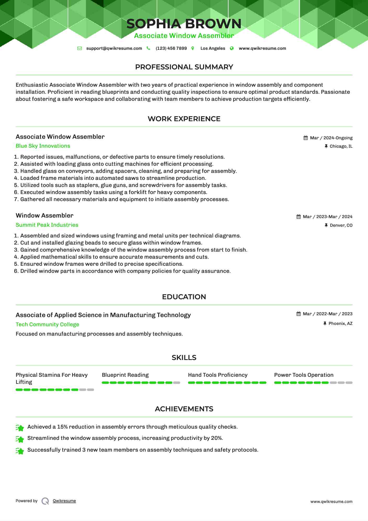 Window Assembler Resume Samples QwikResume