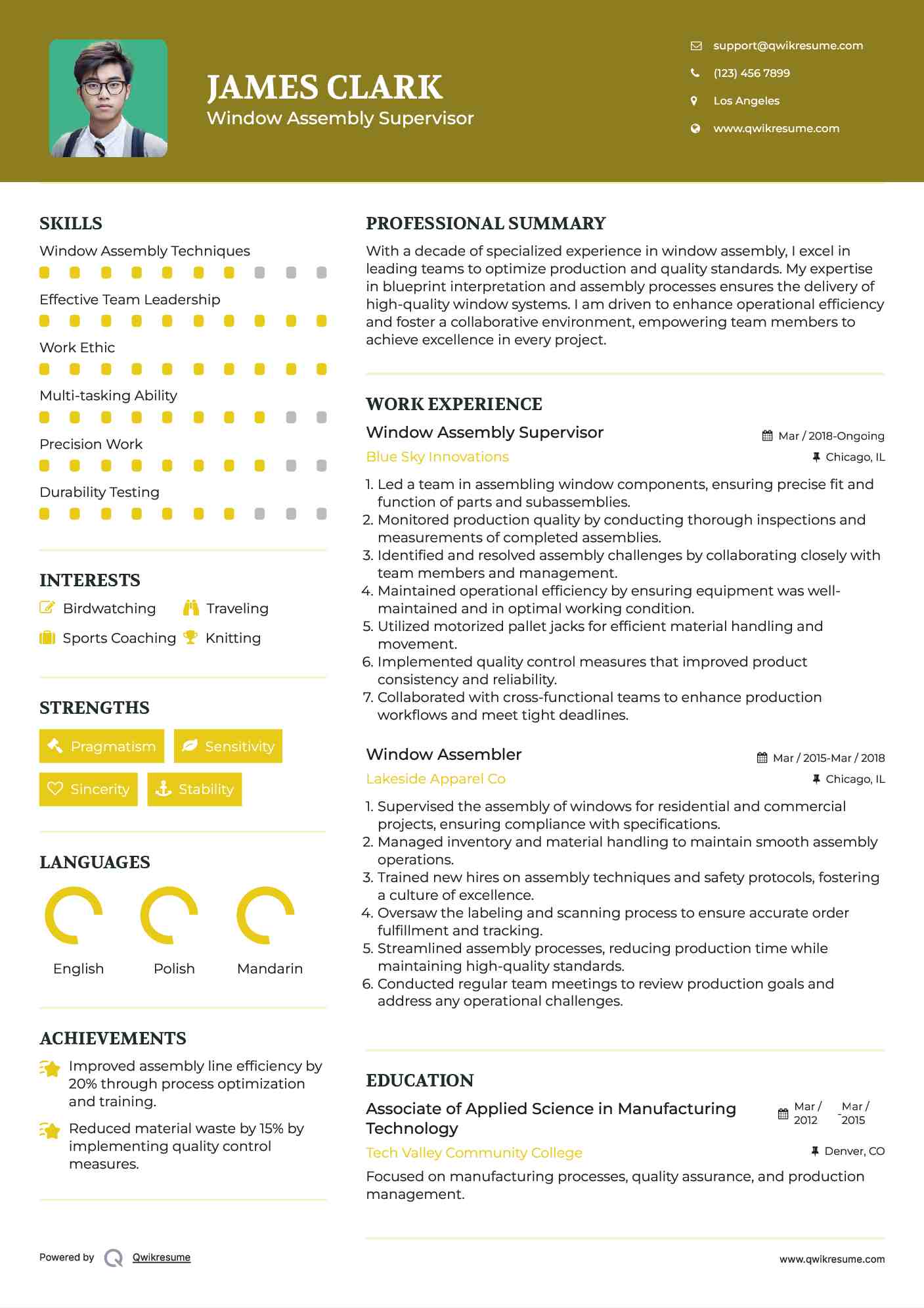 Window Assembler Resume Samples QwikResume