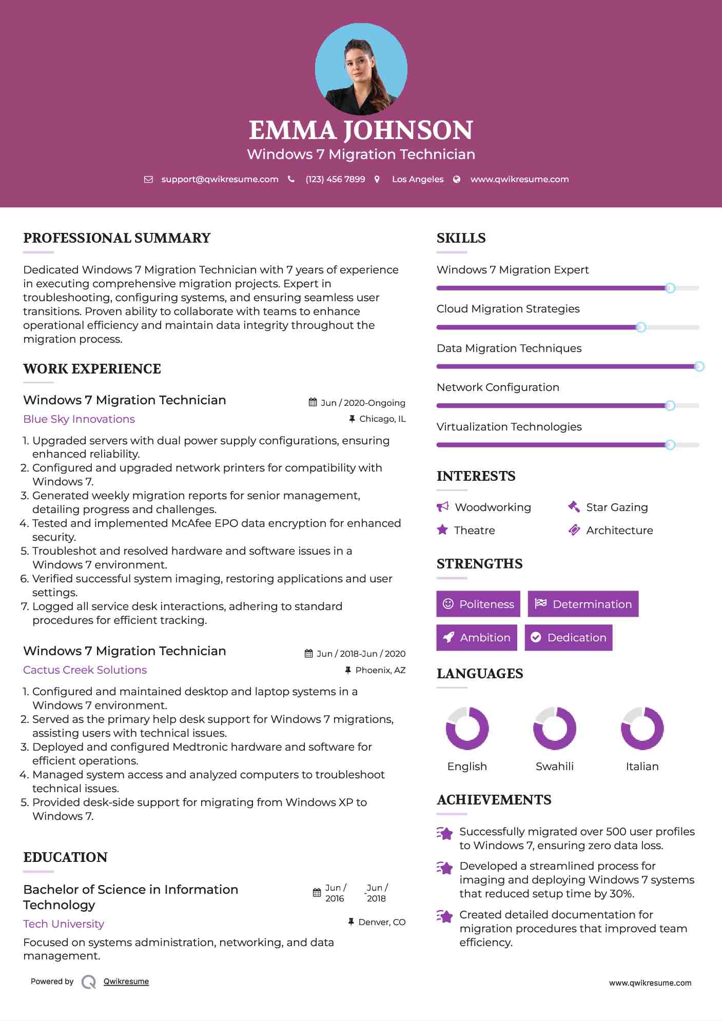 Windows 7 Migration Technician Resume Format