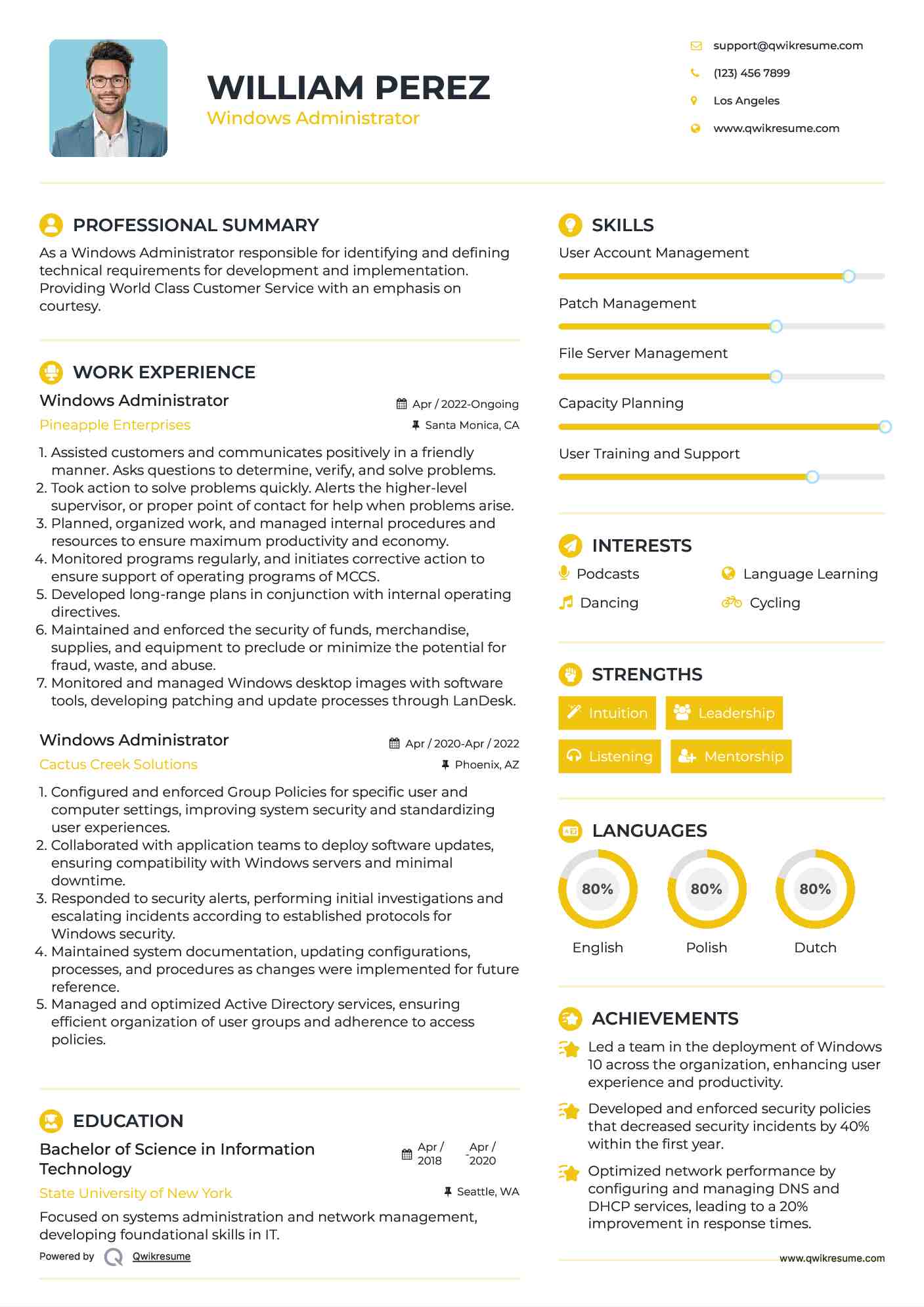 Windows Administrator Resume Example