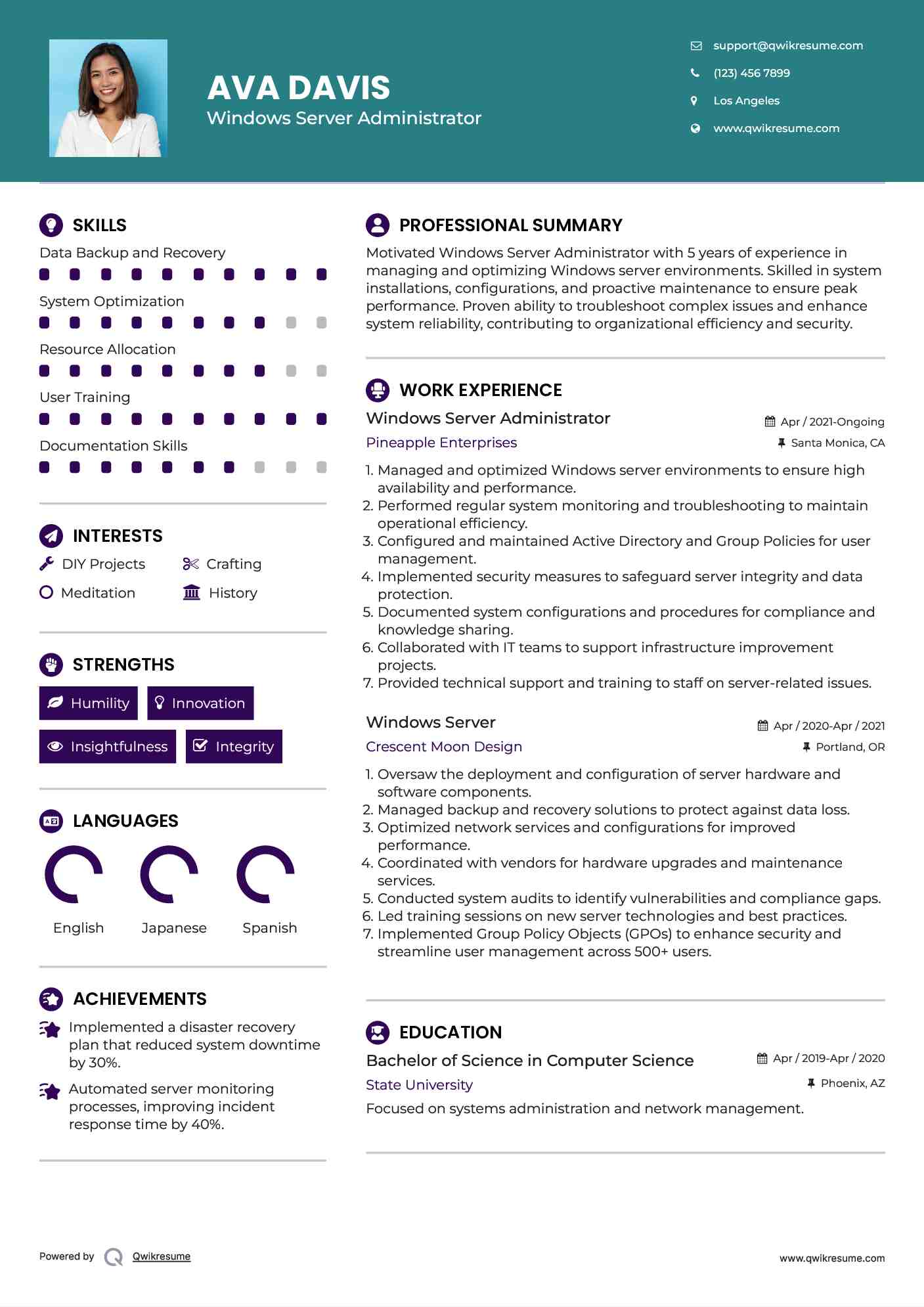 Windows Server Administrator Resume Example