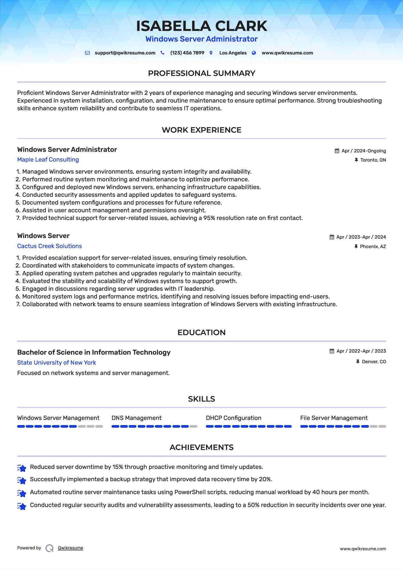 Windows Server Administrator Resume Sample