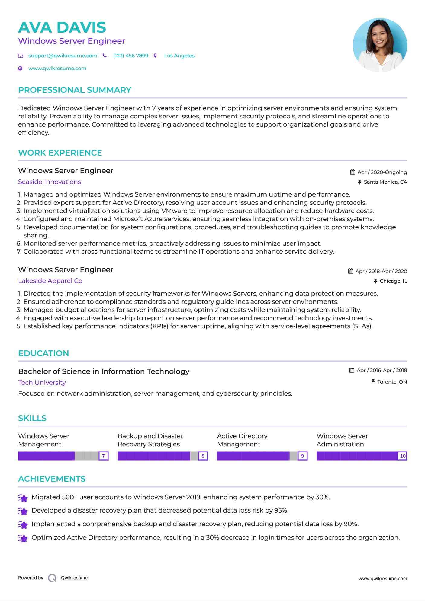 Windows Server Engineer Resume Example