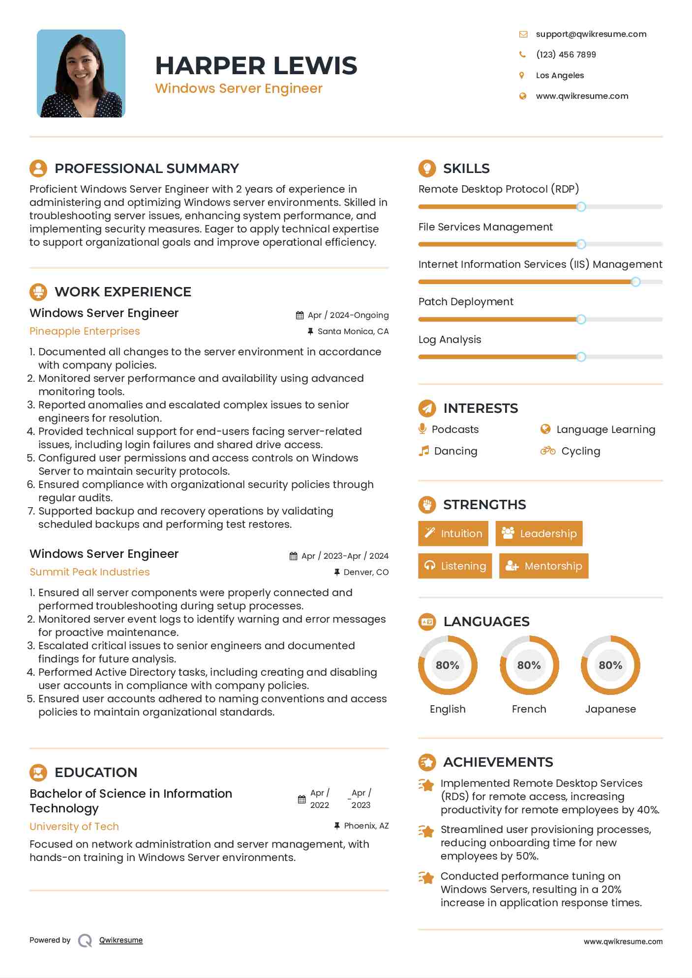 Windows Server Engineer Resume Example