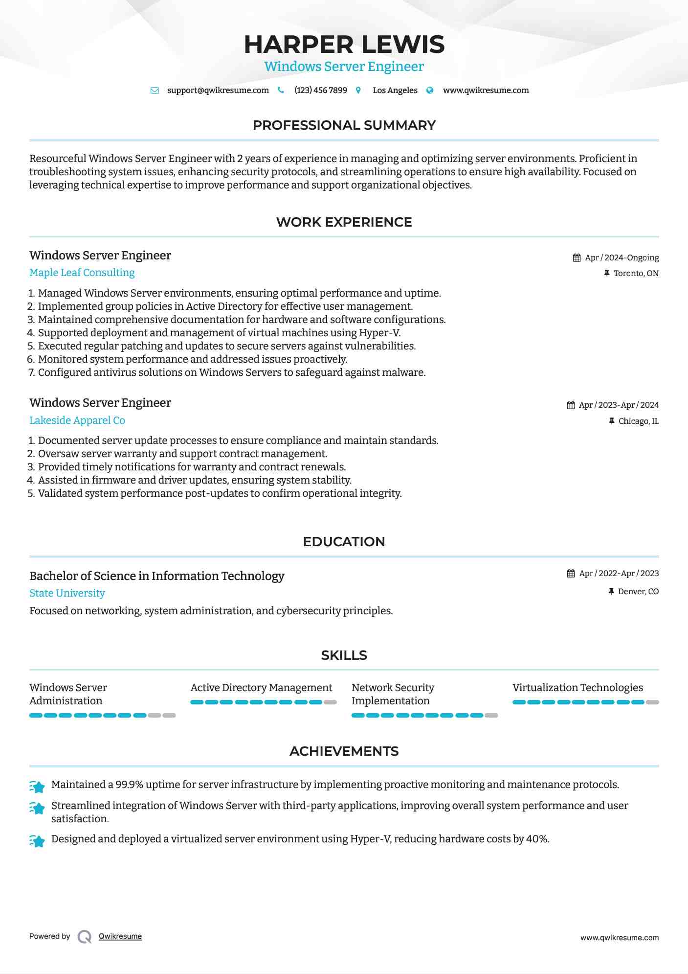 Windows Server Engineer Resume Format