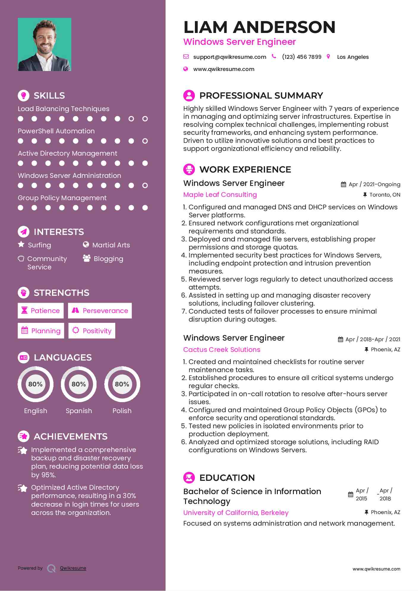 Windows Server Engineer Resume Sample