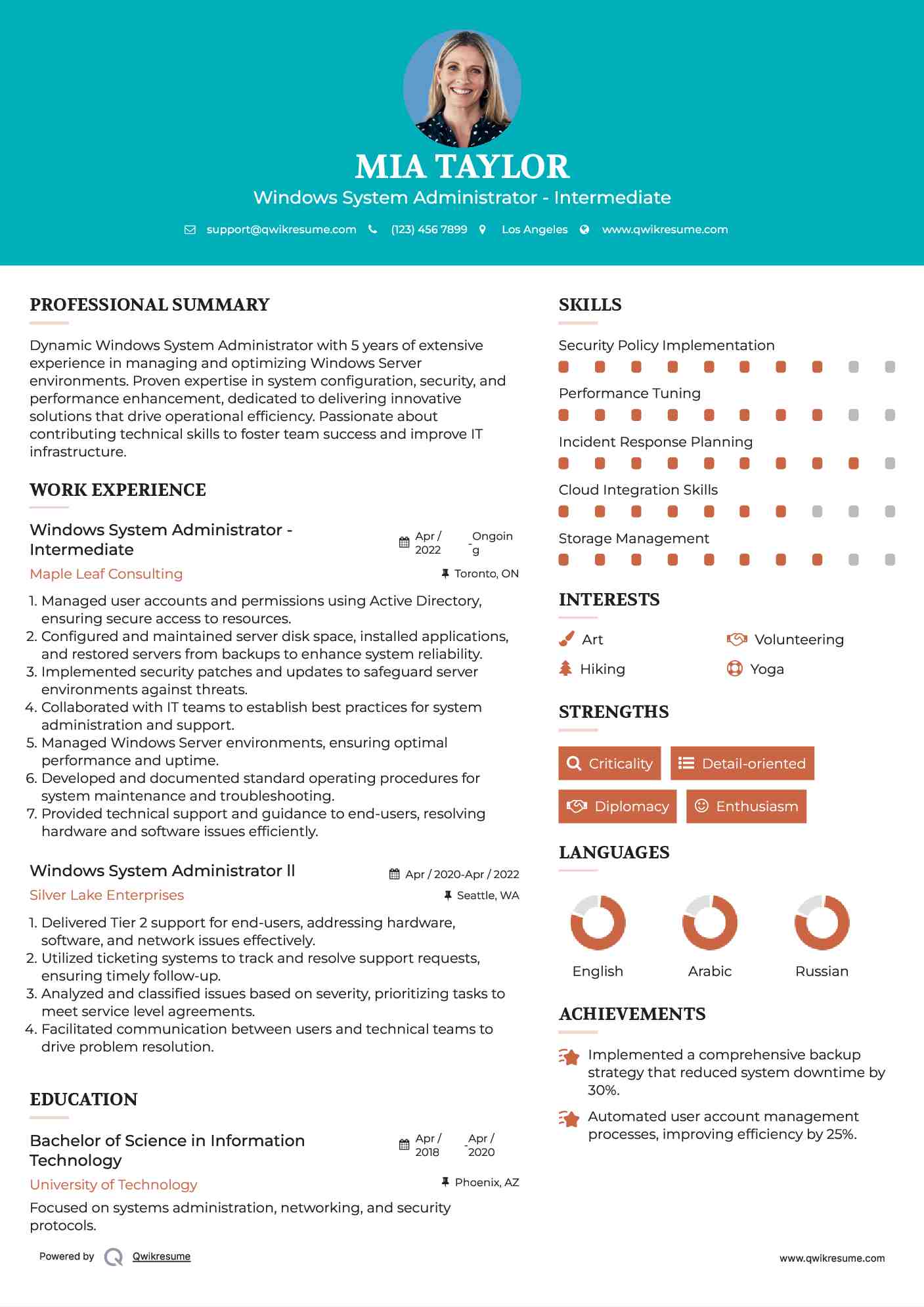 Windows System Administrator - Intermediate Resume Model
