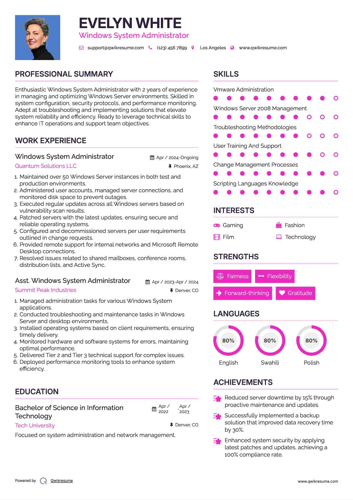 Windows System Administrator Resume Sample