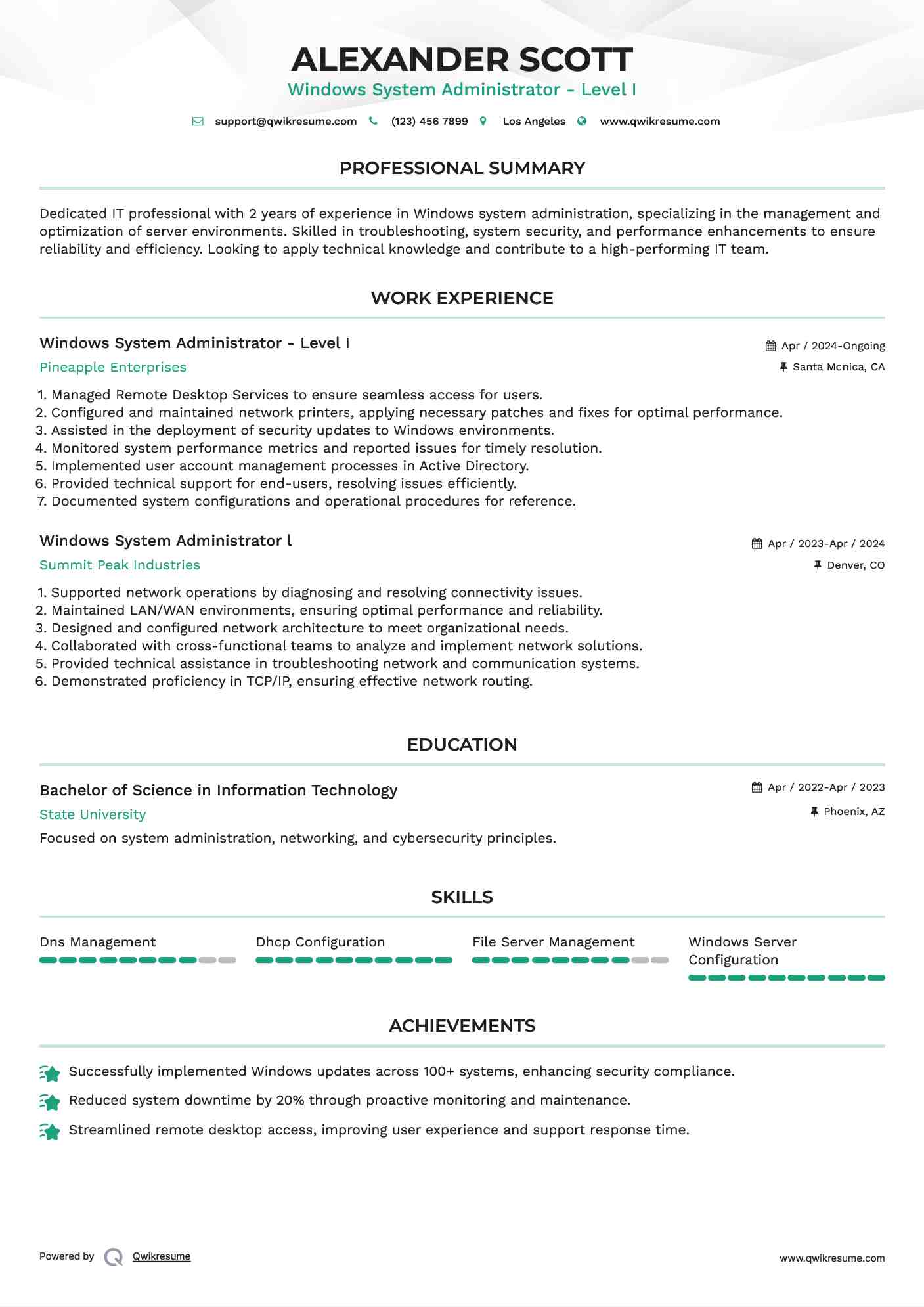 Windows System Administrator - Level I Resume Sample