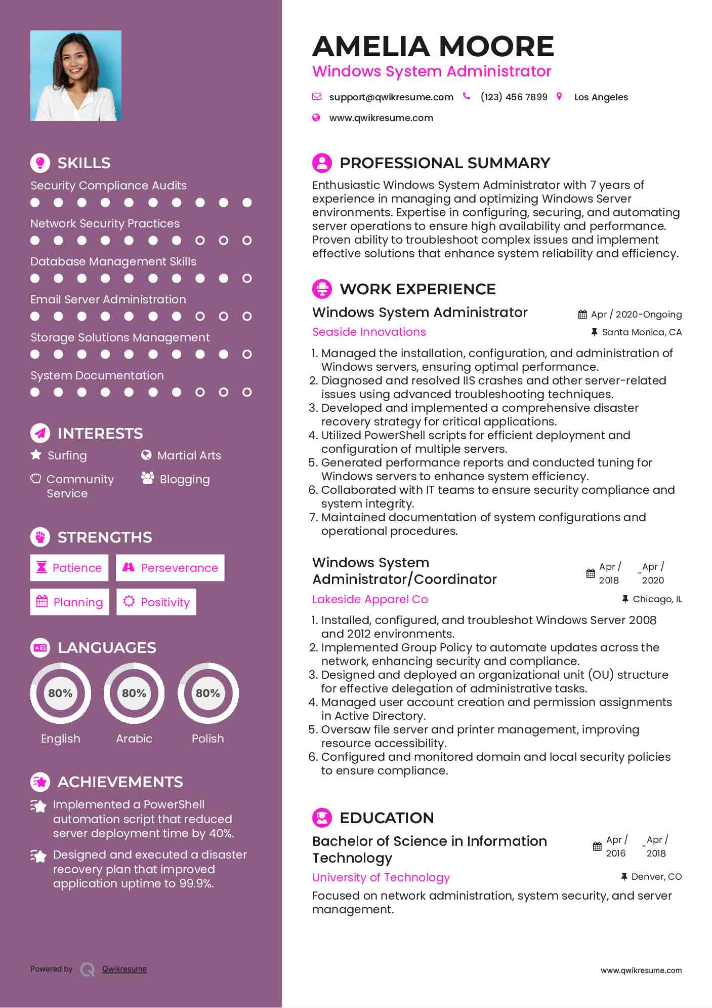 Windows System Administrator Resume Sample