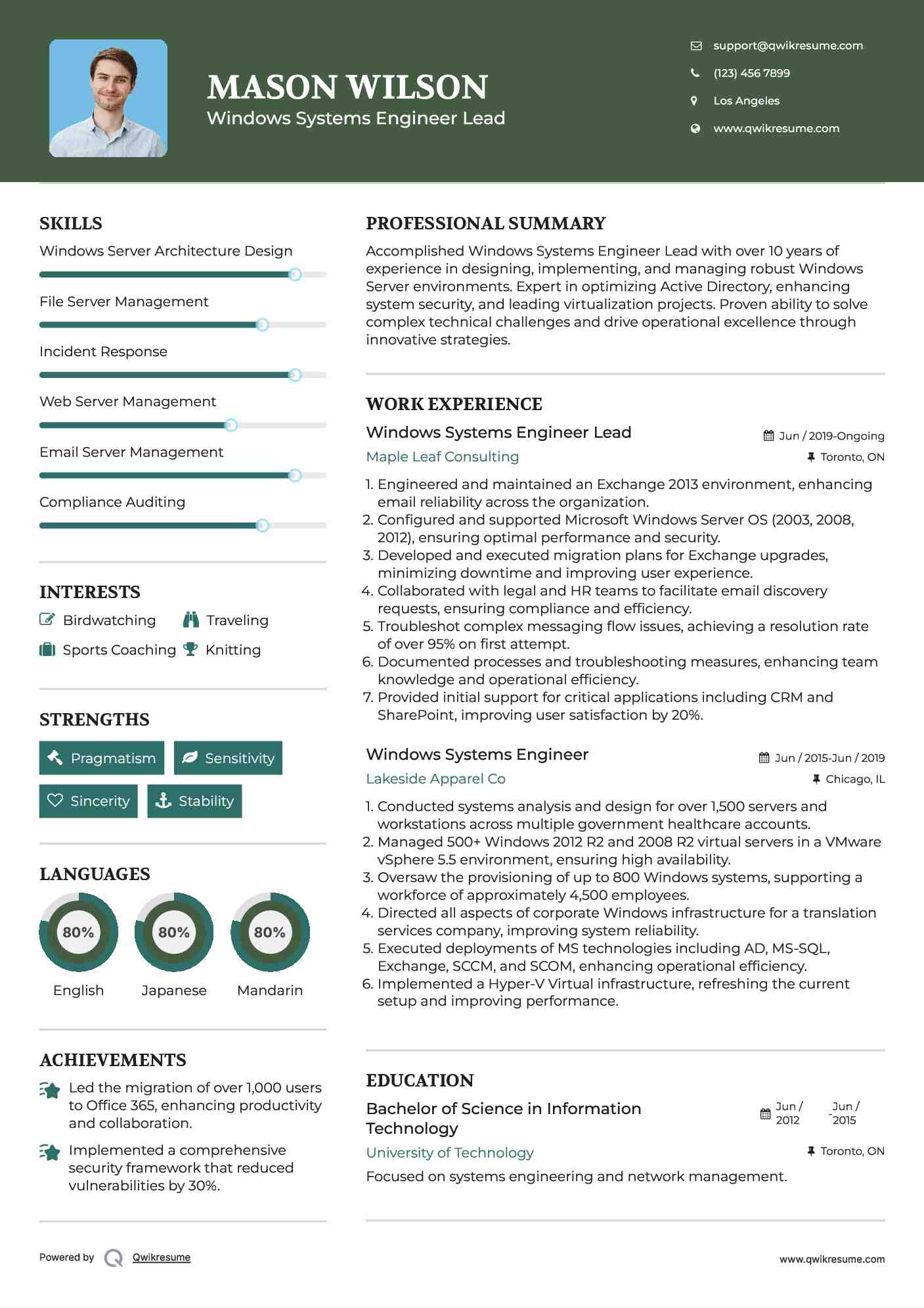 Windows Systems Engineer Lead Resume Example
