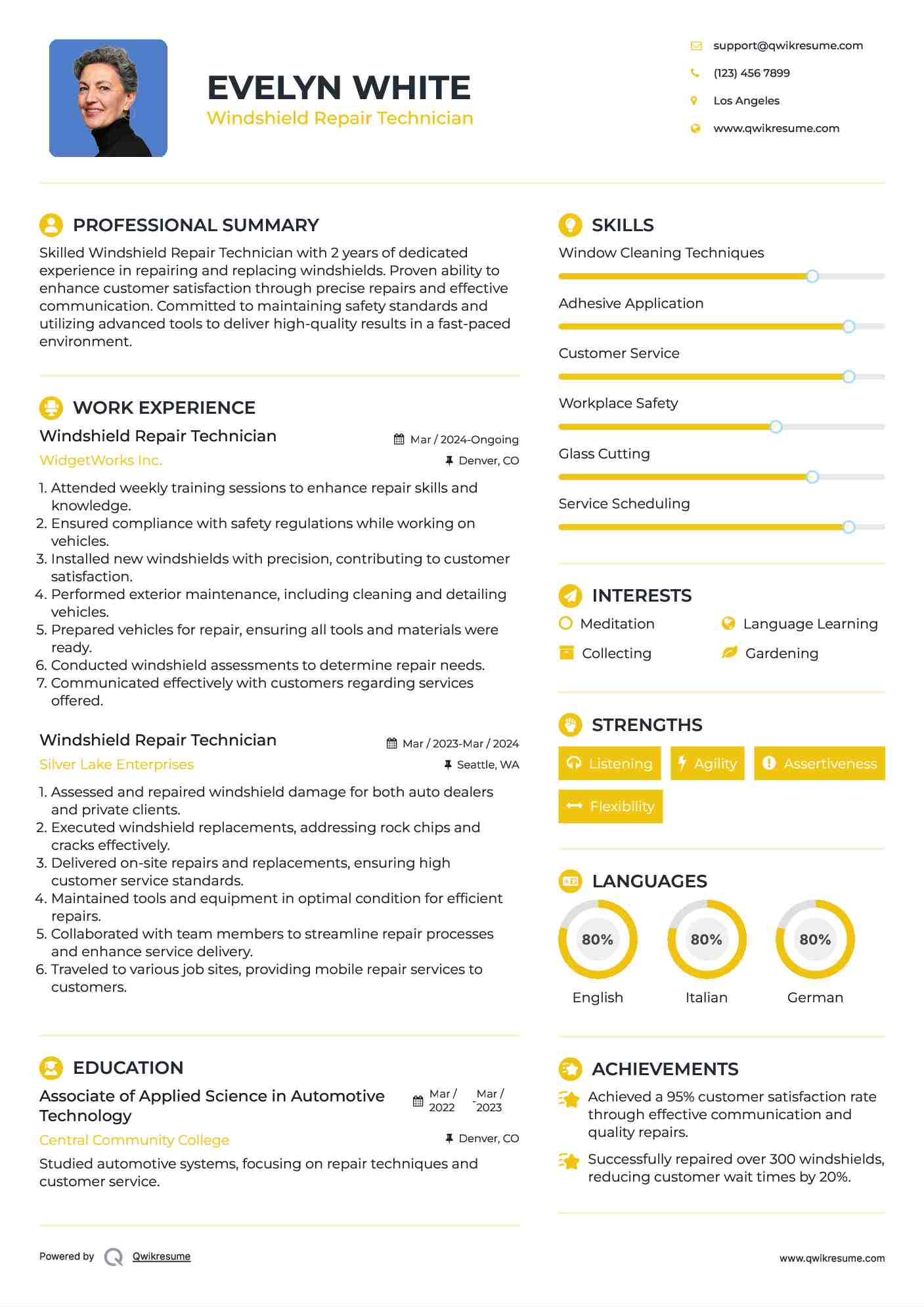 Windshield Repair Technician Resume Model