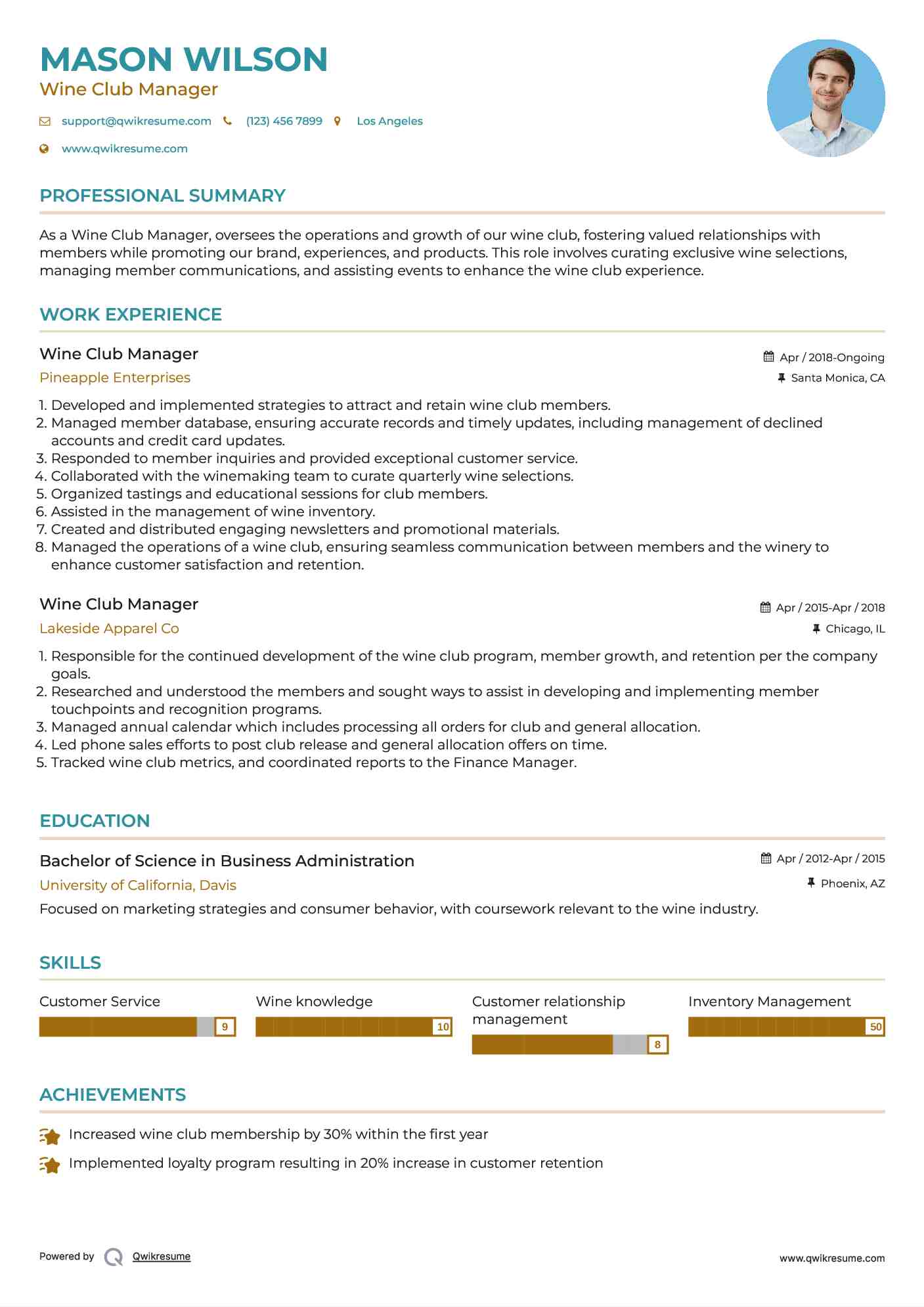 Wine Club Manager Resume Sample
