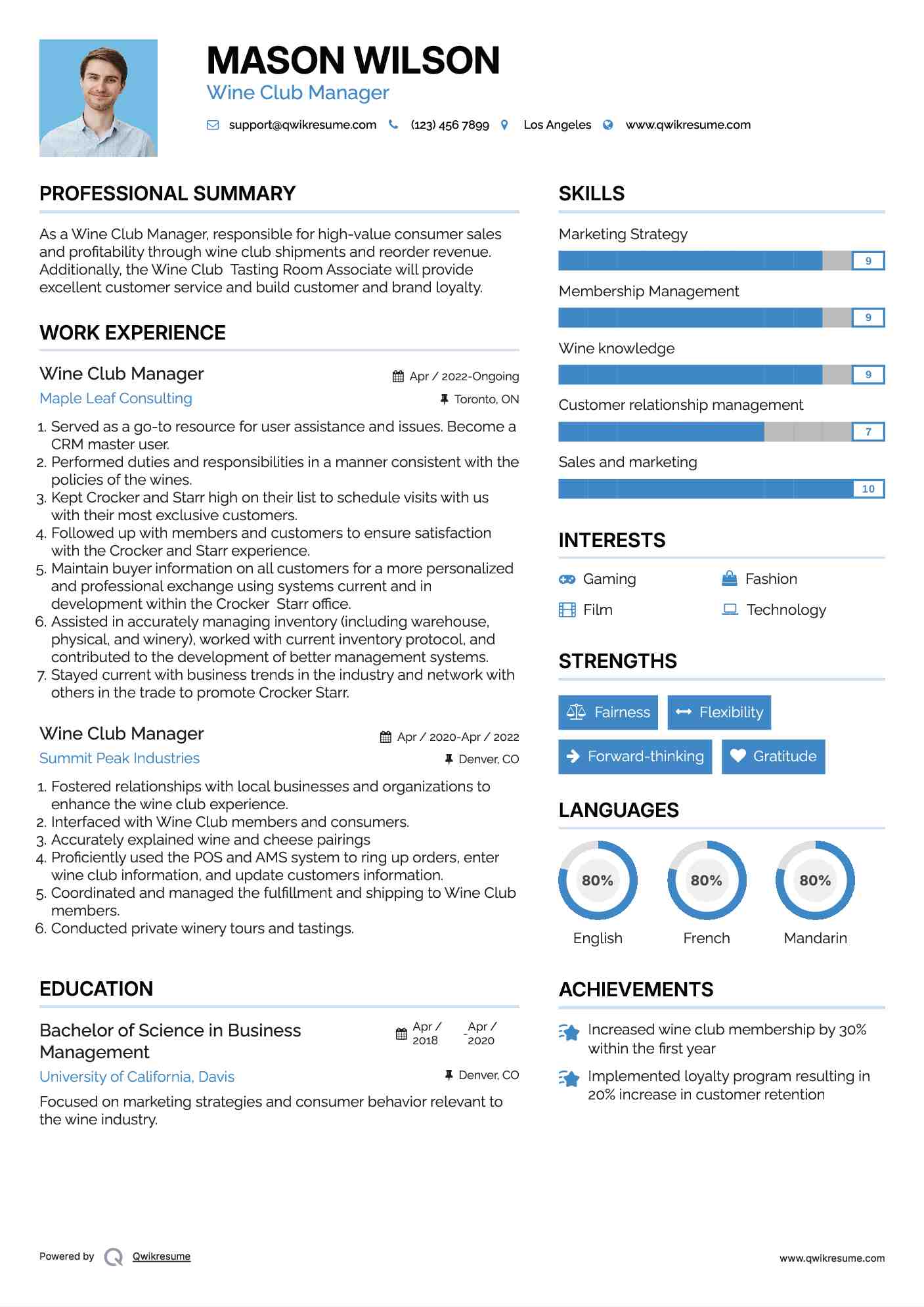 Wine Club Manager Resume Sample
