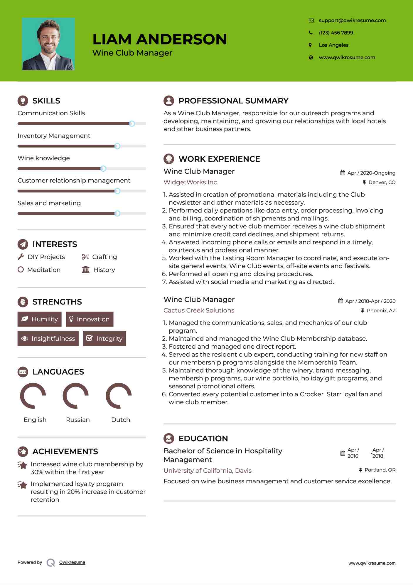 Wine Club Manager Resume Format