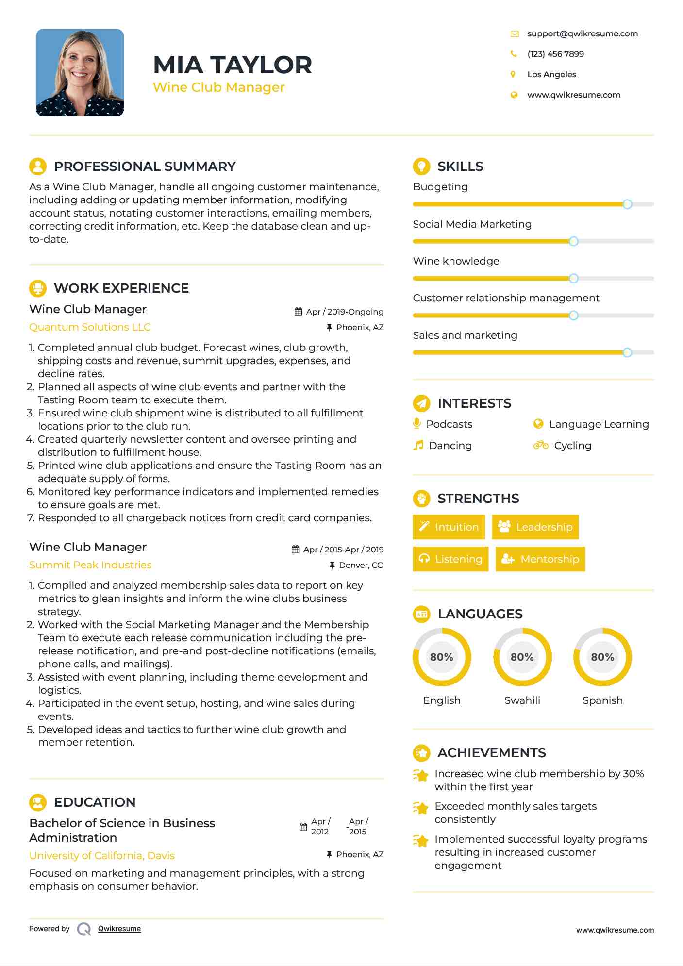 Wine Club Manager Resume Sample