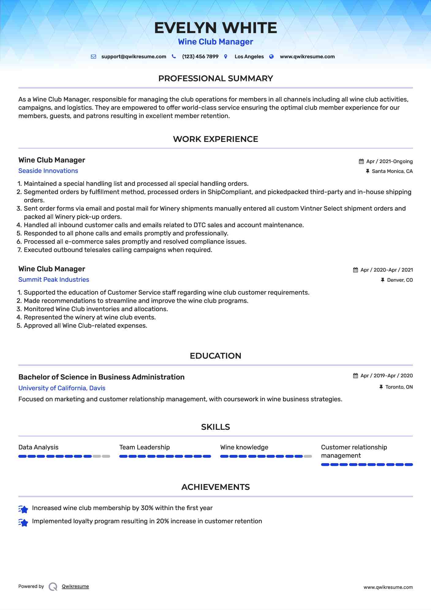 Wine Club Manager Resume Format