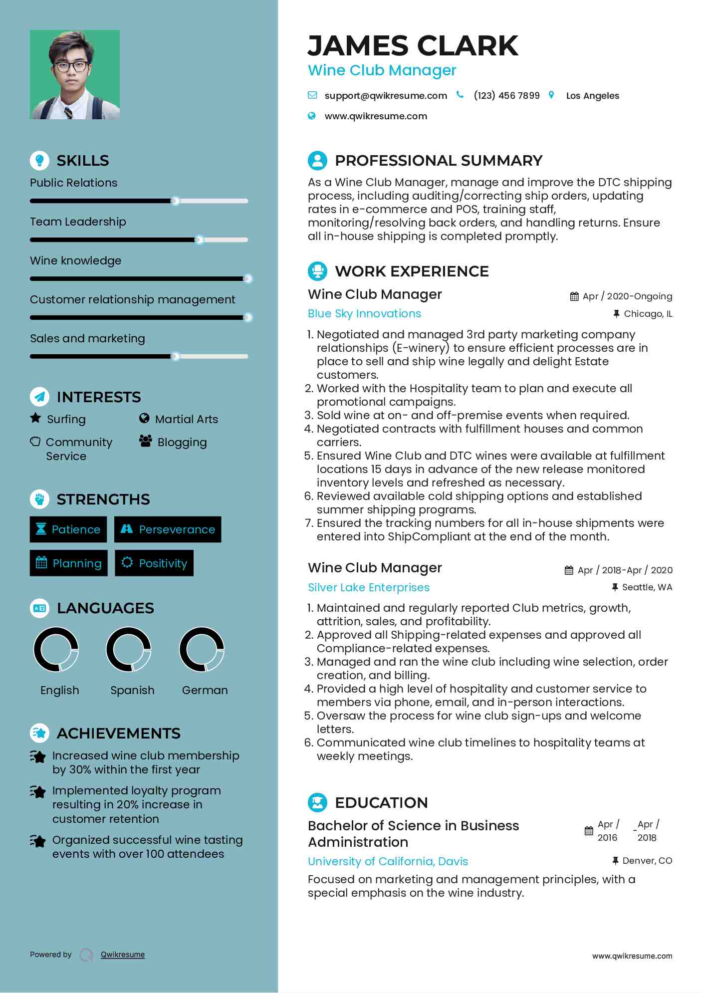 Wine Club Manager Resume Format