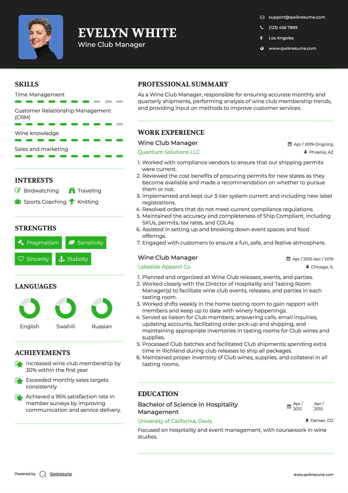 Wine Club Manager Resume Model