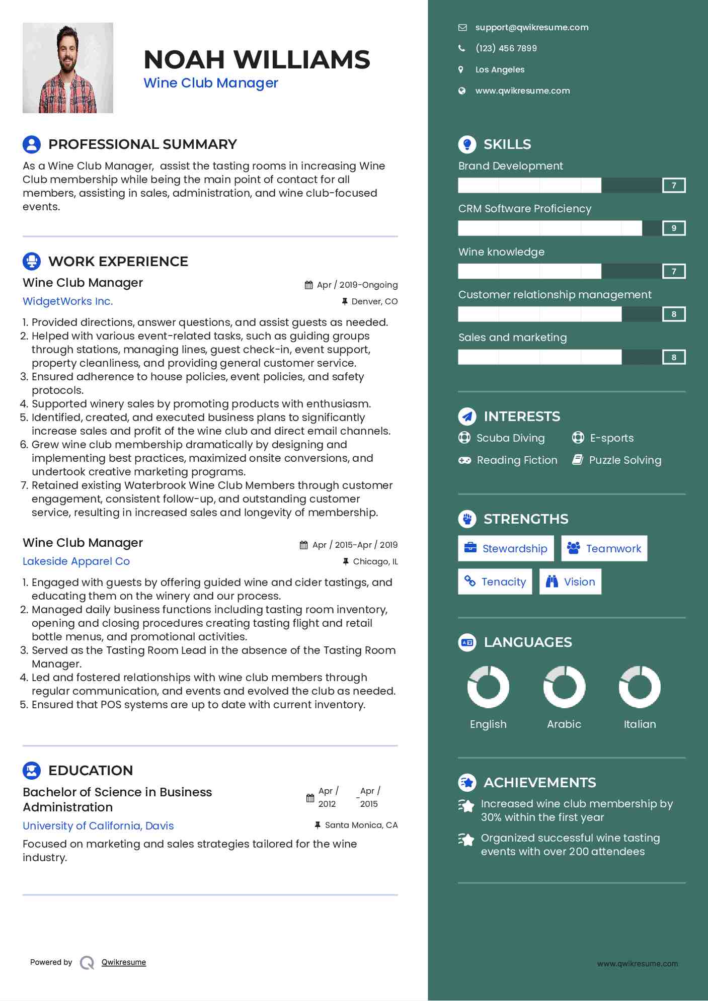 Wine Club Manager Resume Template