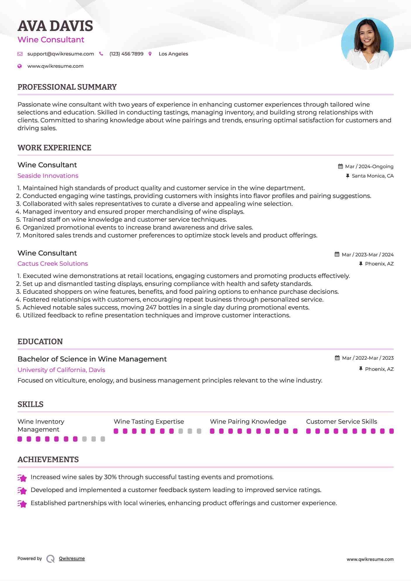 Wine Consultant Resume Samples QwikResume