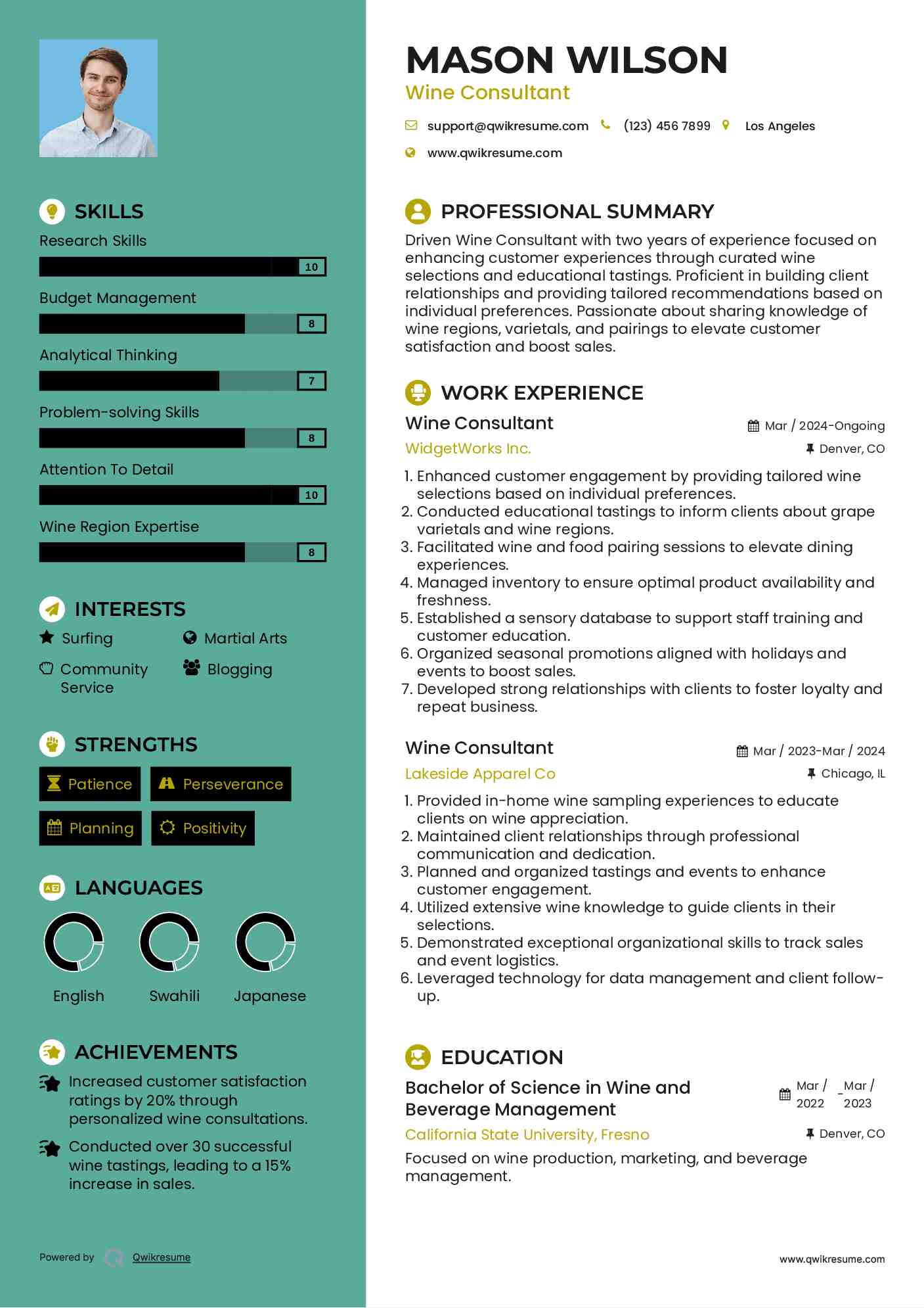 Wine Consultant Resume Samples QwikResume