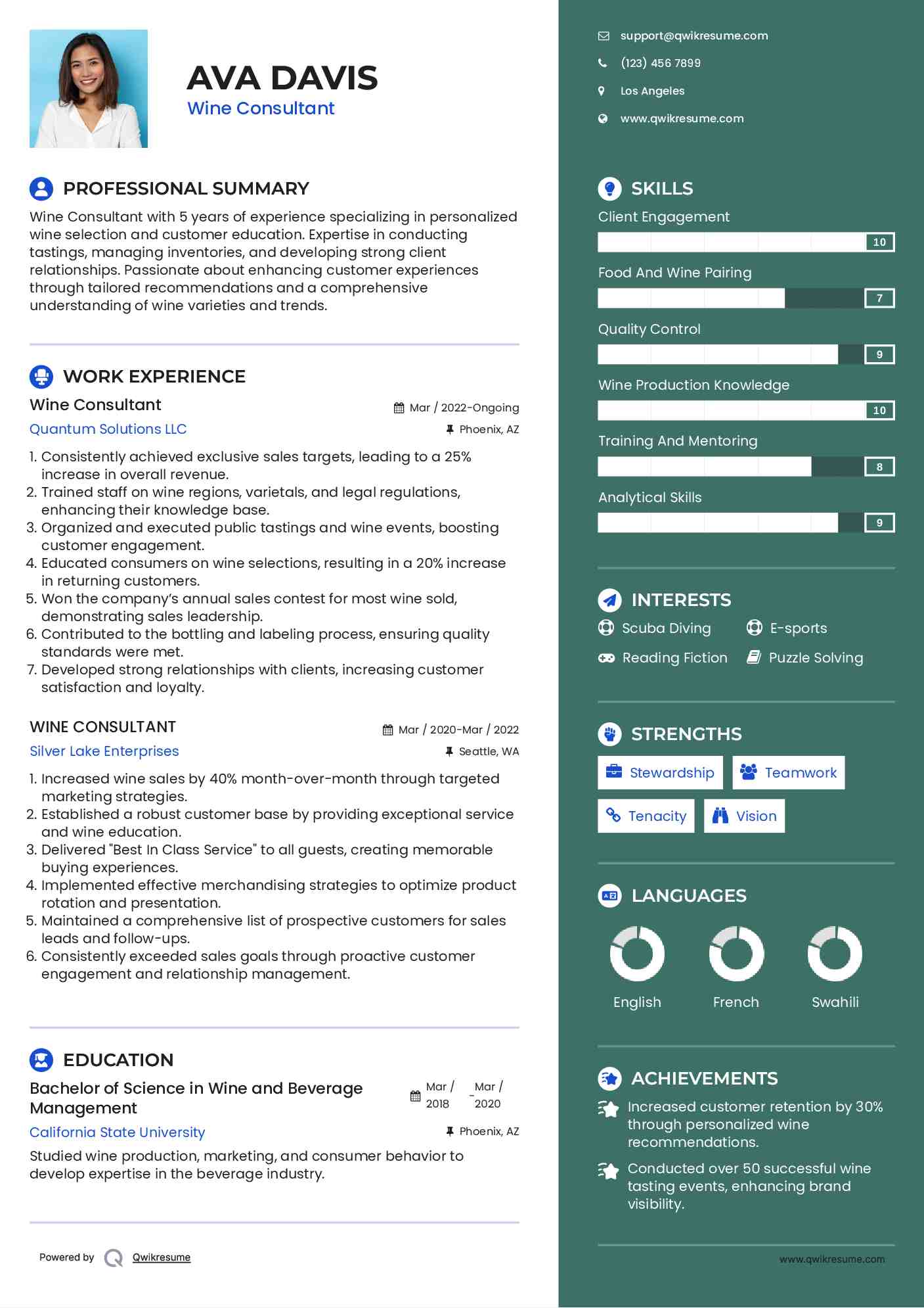 Wine Consultant Resume Samples QwikResume