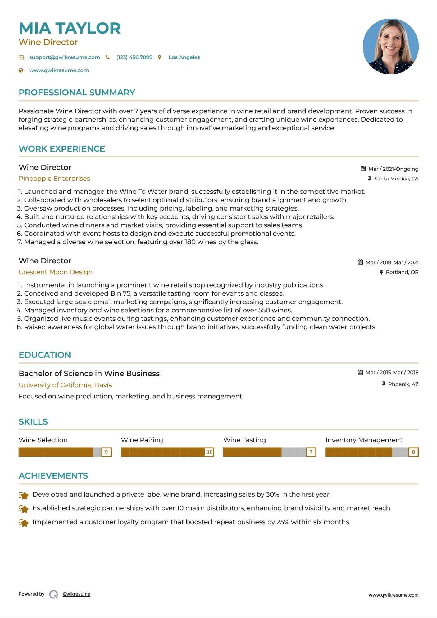 Wine Director Resume Example