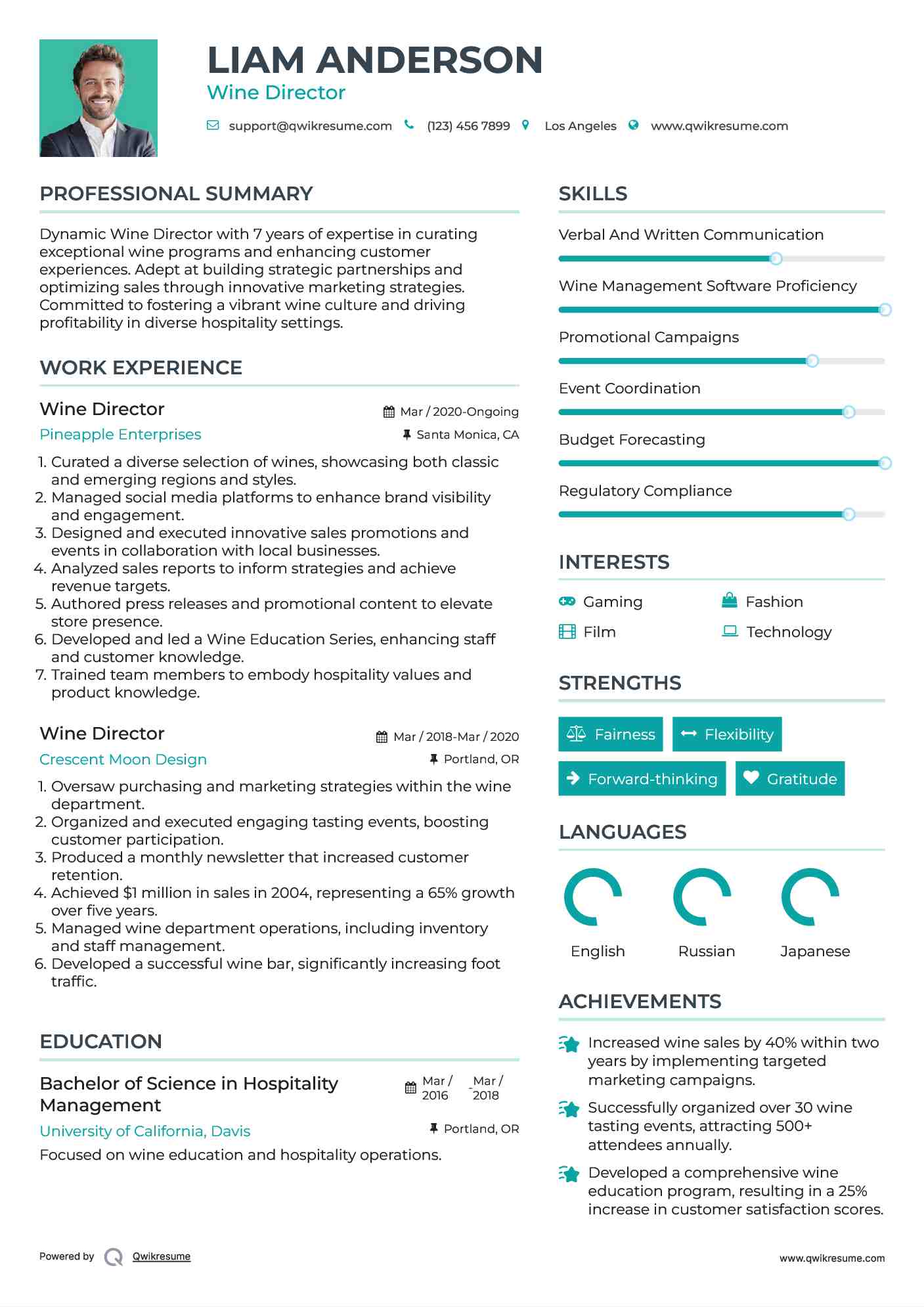 Wine Director Resume Sample