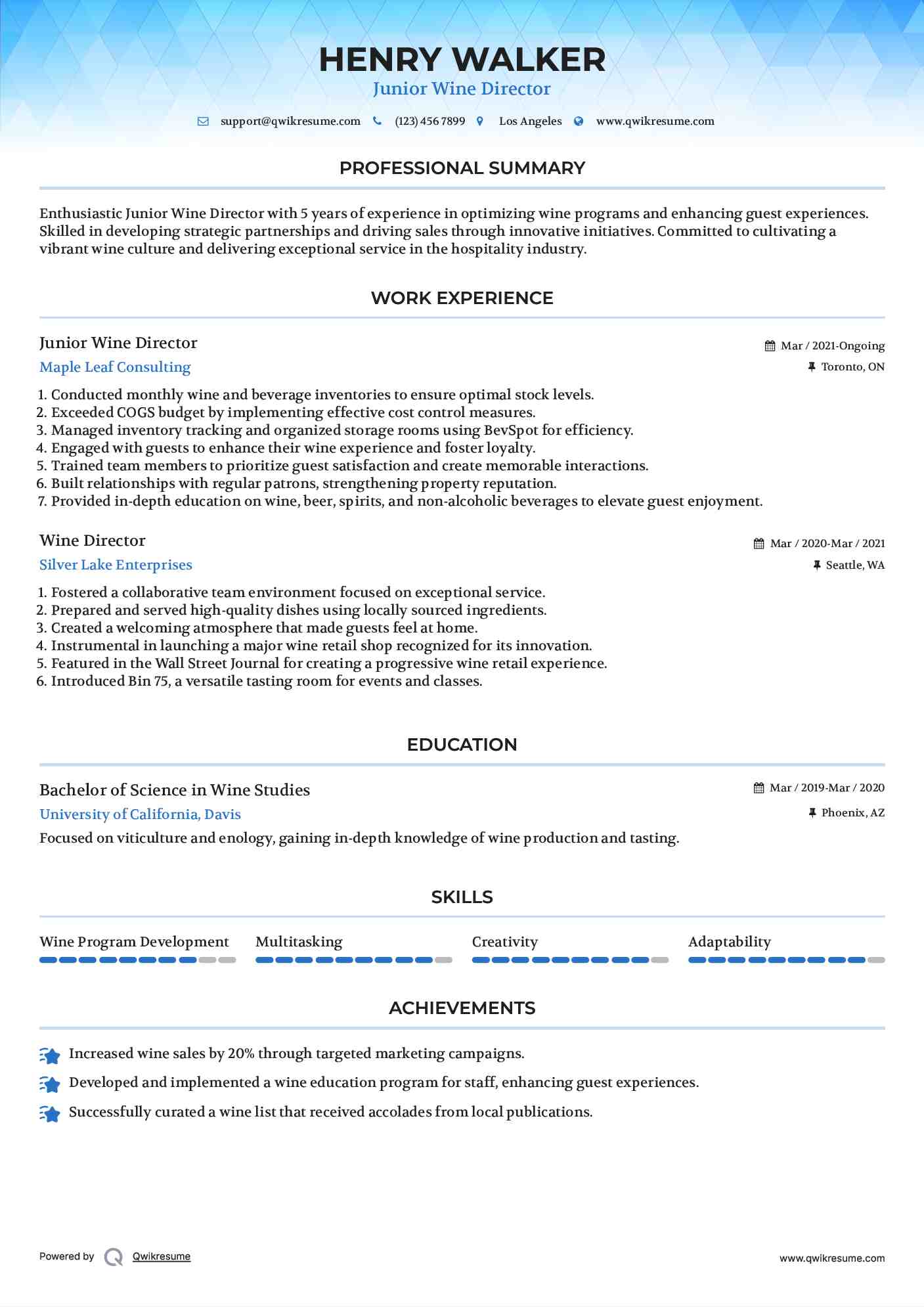 Junior Wine Director Resume Format