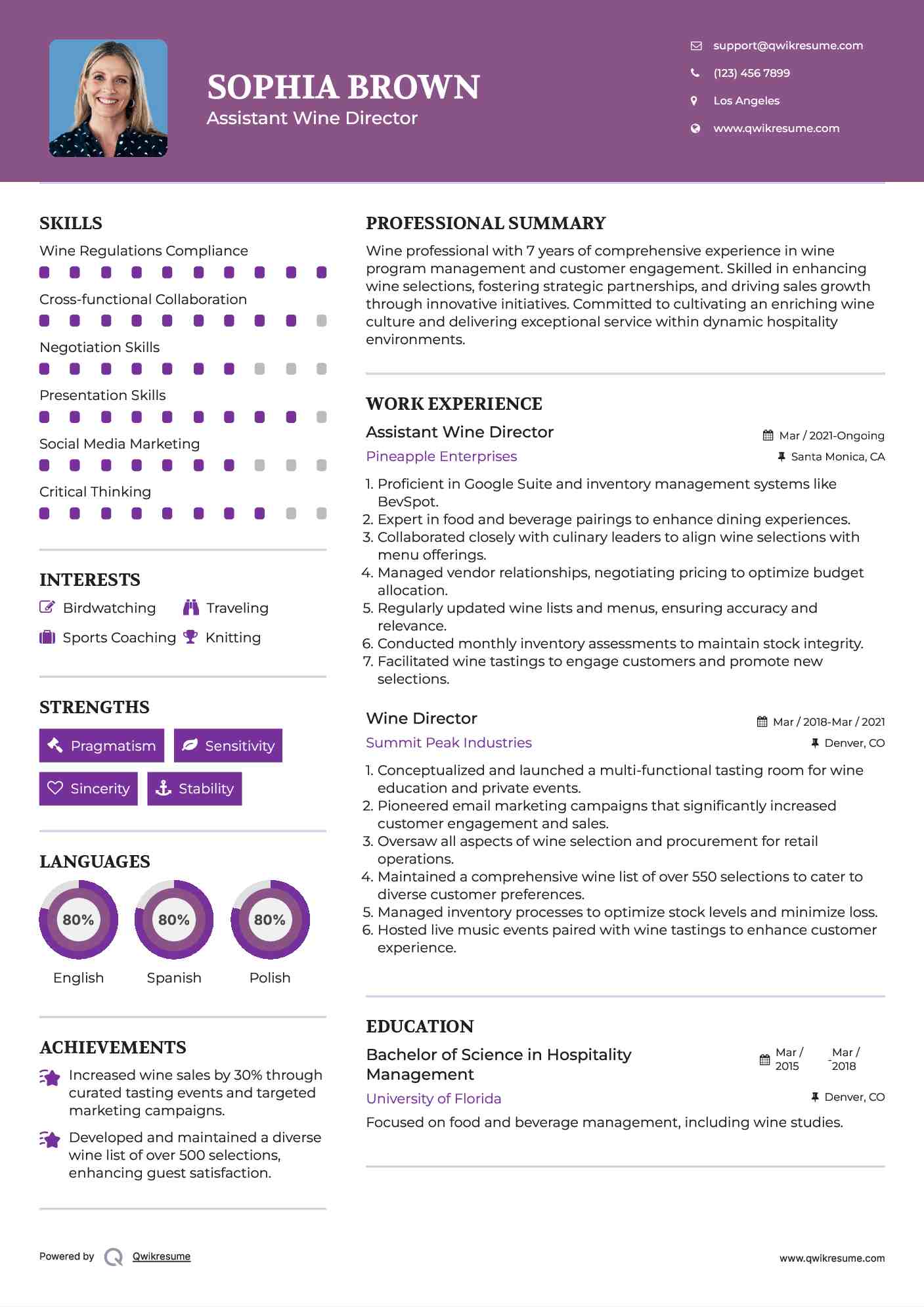 Assistant Wine Director Resume Sample