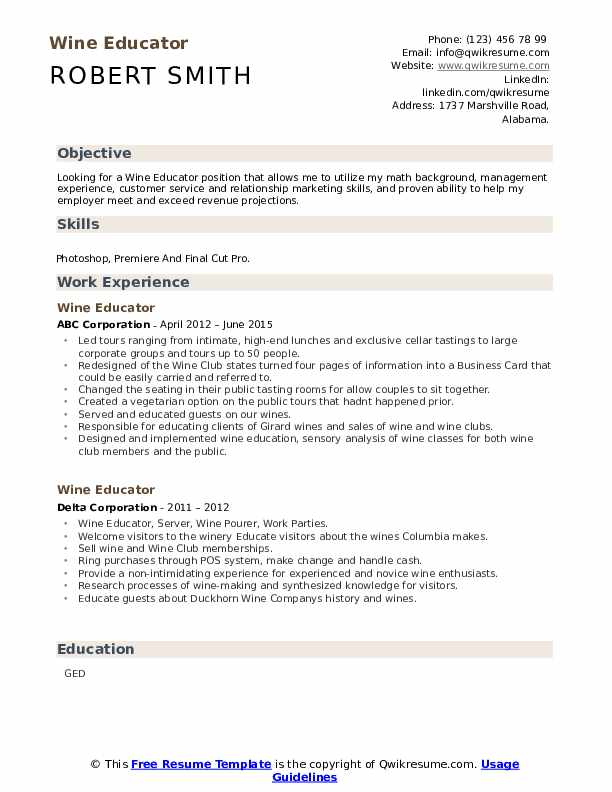 Wine Educator Resume Samples QwikResume