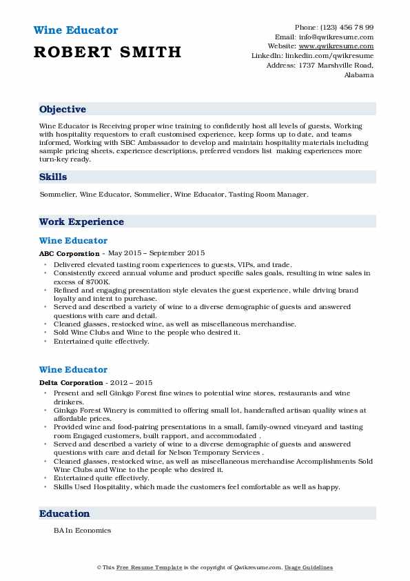 Wine Educator Resume Samples QwikResume