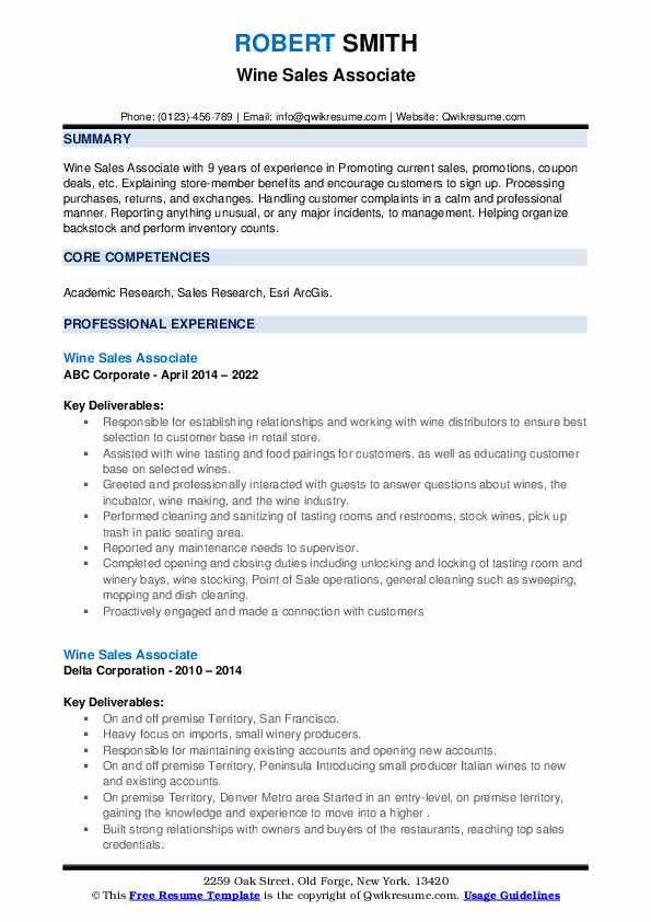 Wine Sales Associate Resume Samples QwikResume