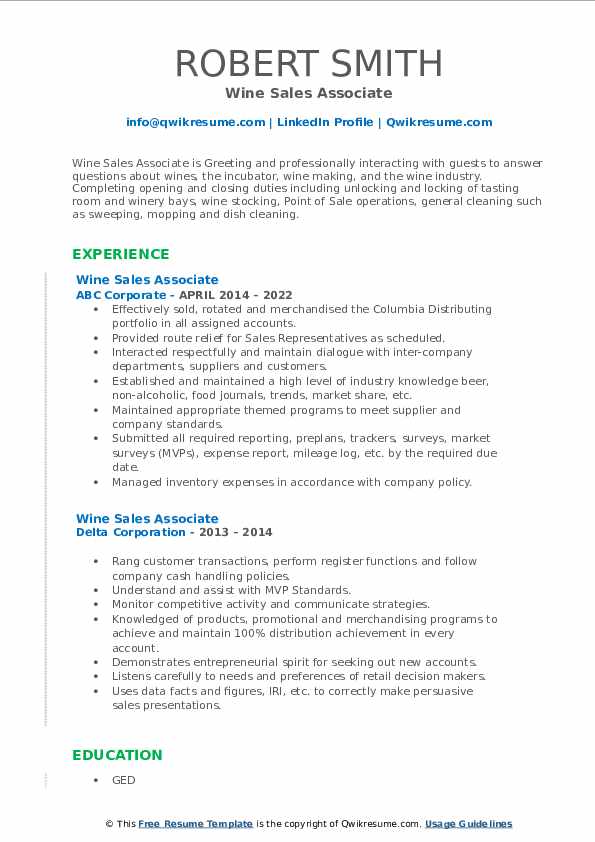 Wine Sales Associate Resume Samples QwikResume