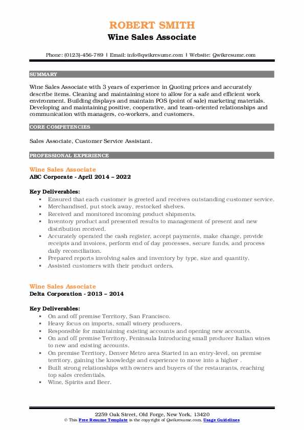 Wine Sales Associate Resume Samples QwikResume