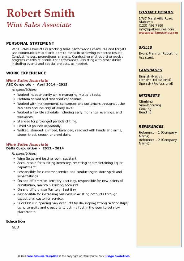 Wine Sales Associate Resume Samples QwikResume