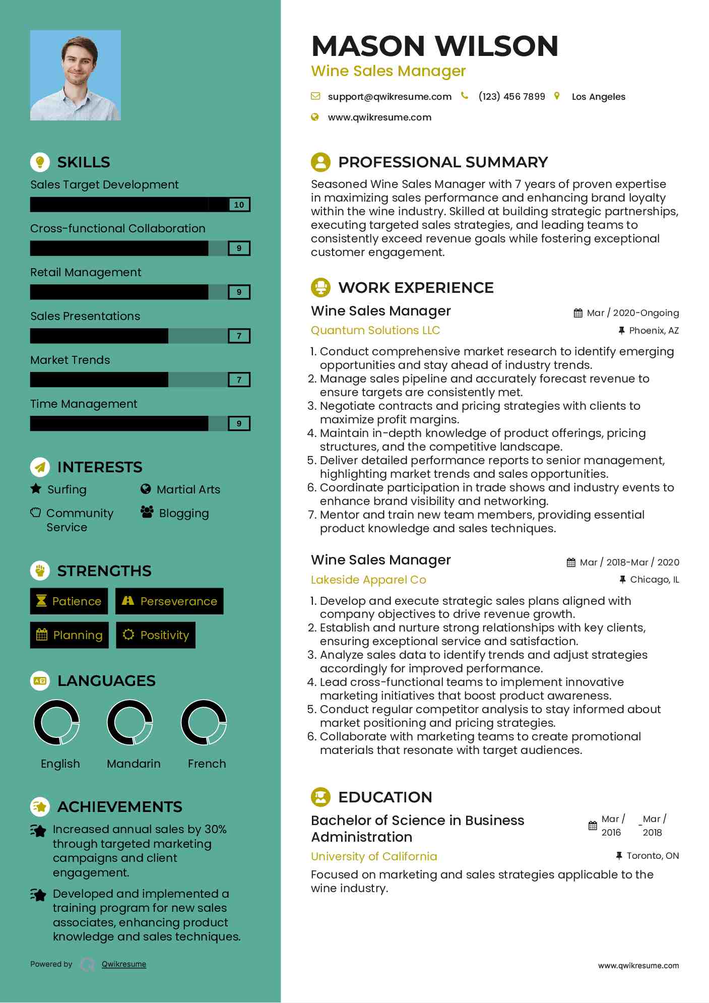 Wine Sales Manager Resume Samples QwikResume