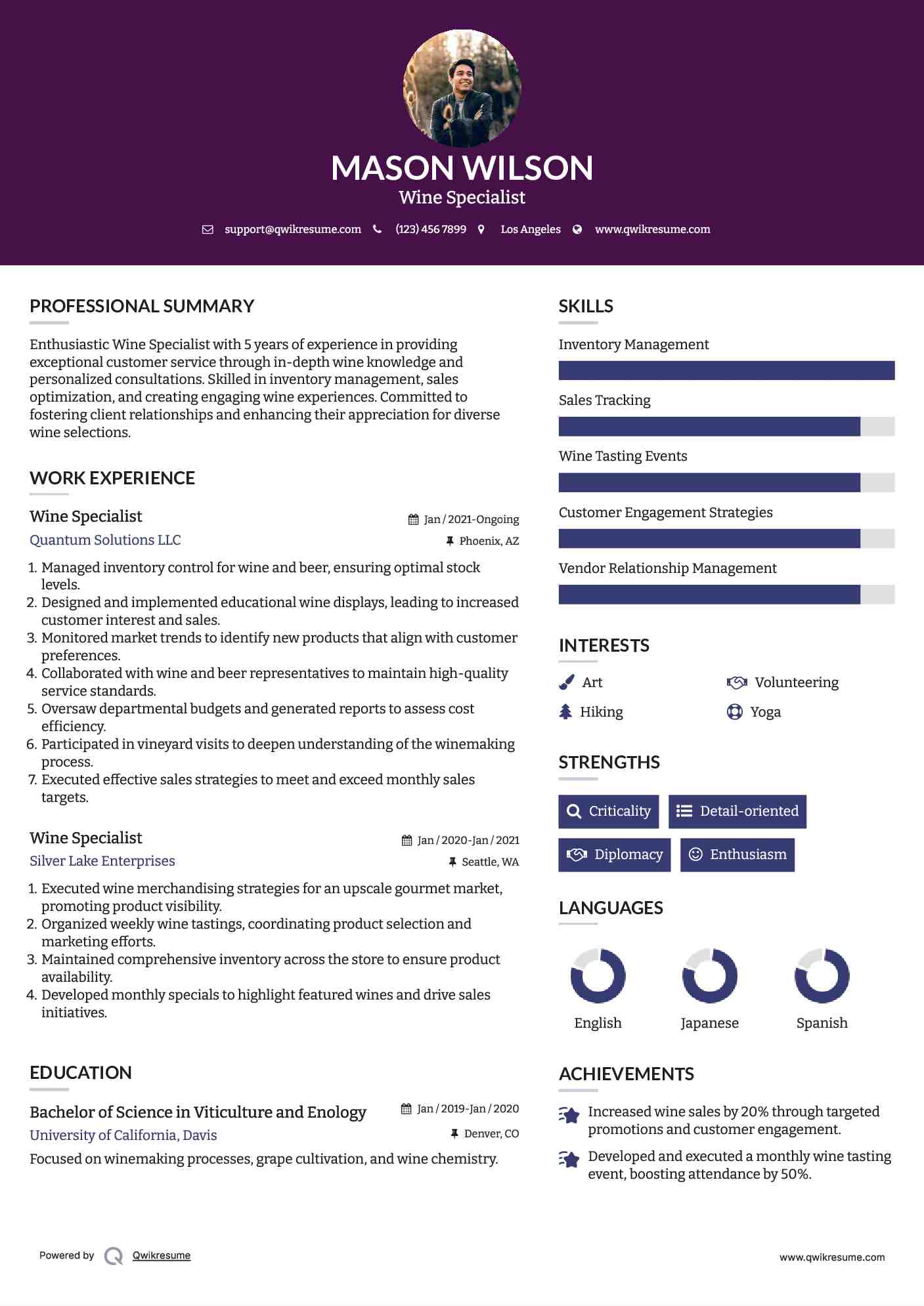 Wine Specialist Resume Samples QwikResume