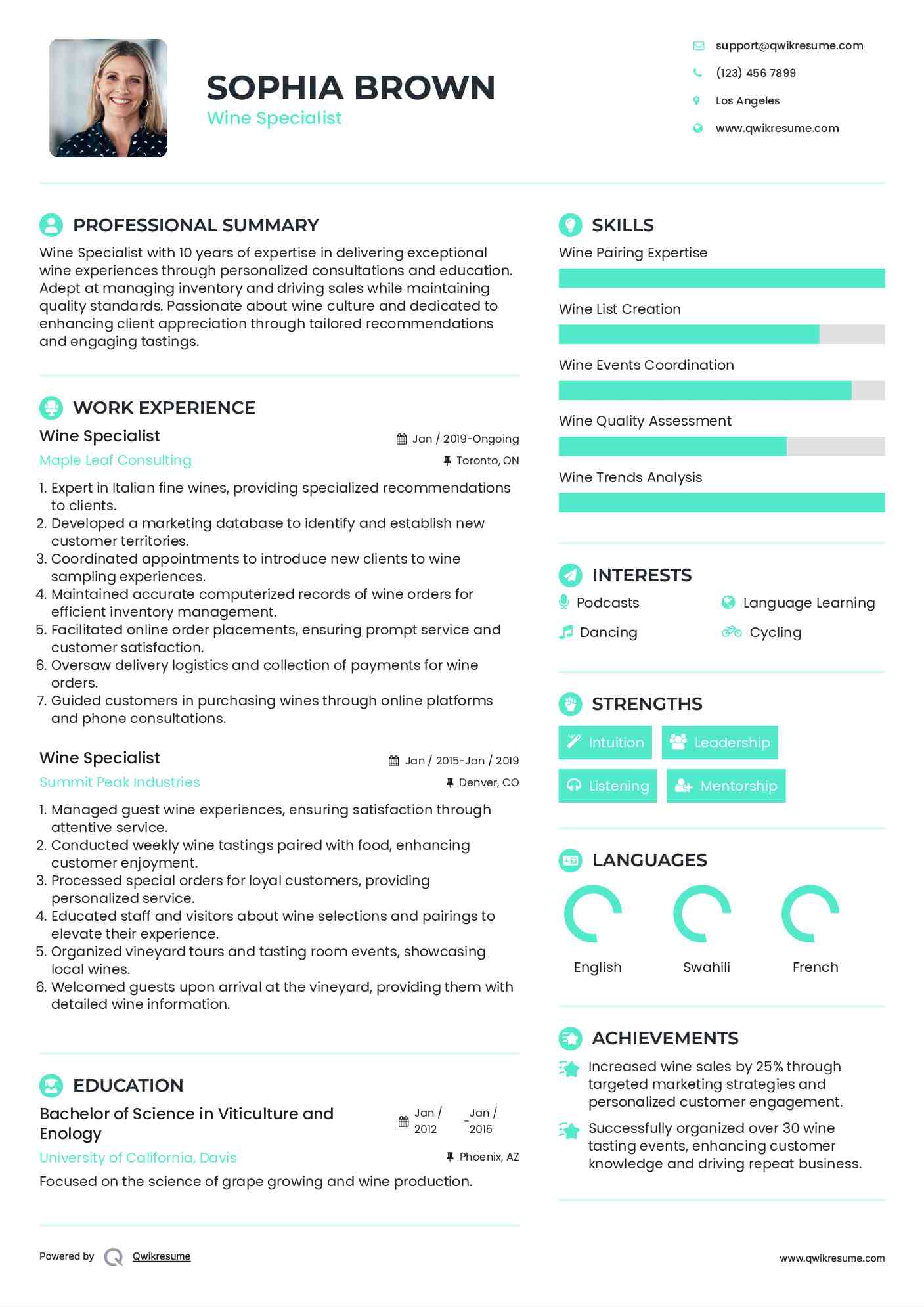 Wine Specialist Resume Samples QwikResume