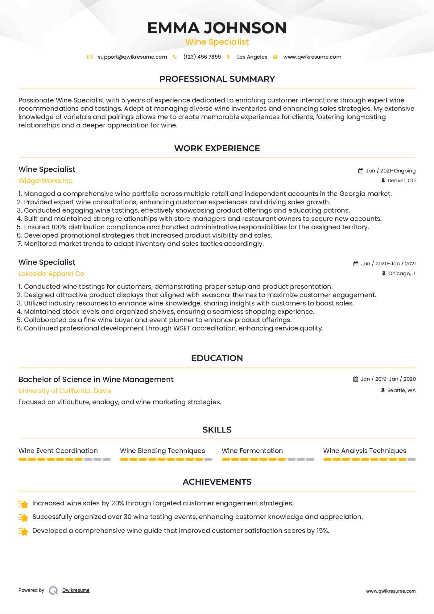 Wine Specialist Resume Samples QwikResume