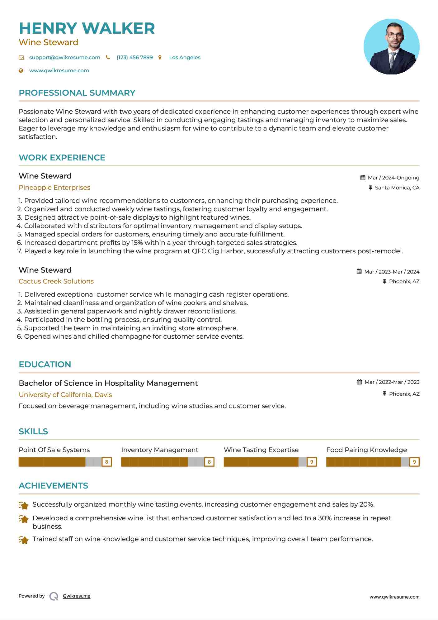 Wine Steward Resume Samples QwikResume