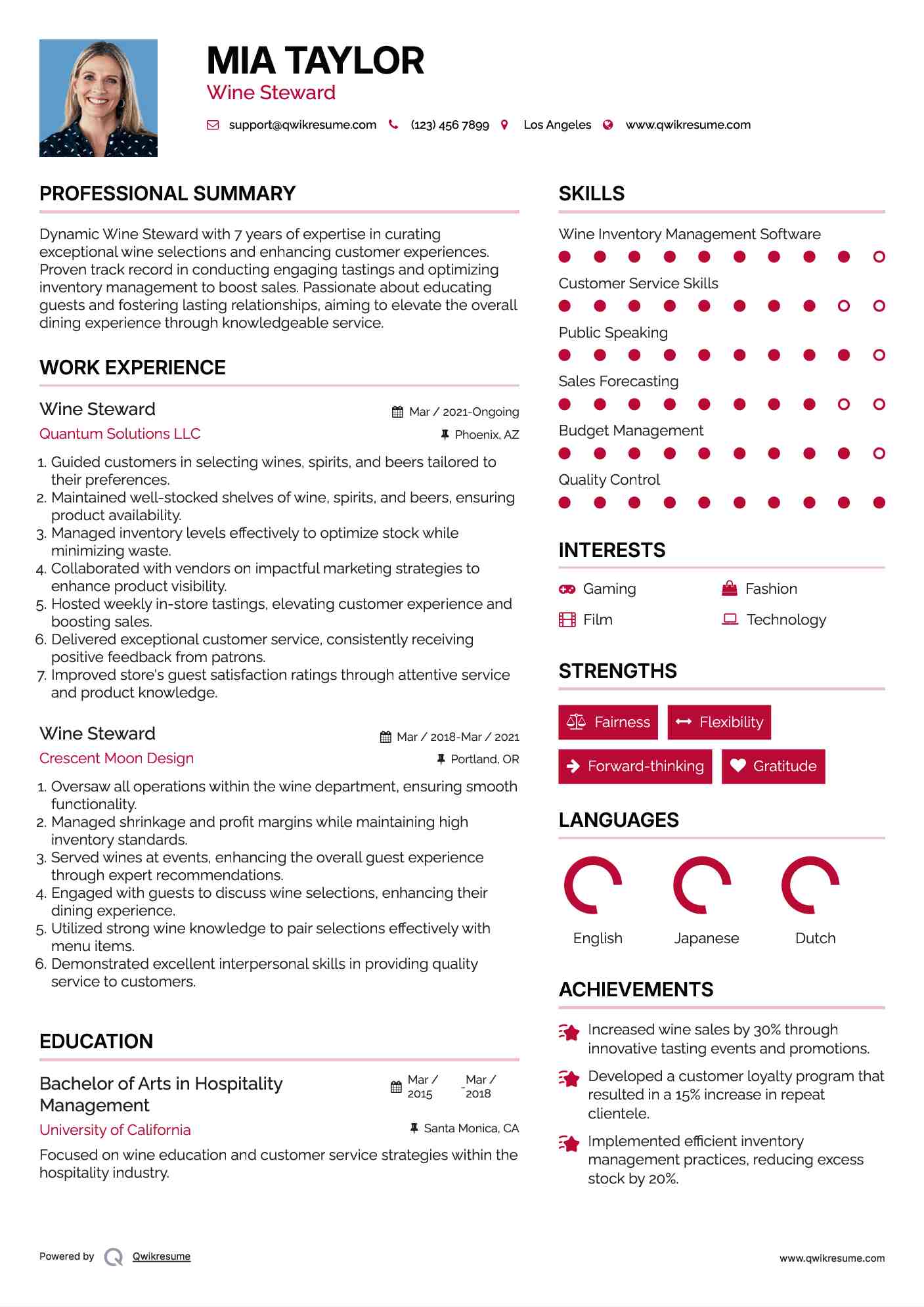 Wine Steward Resume Template