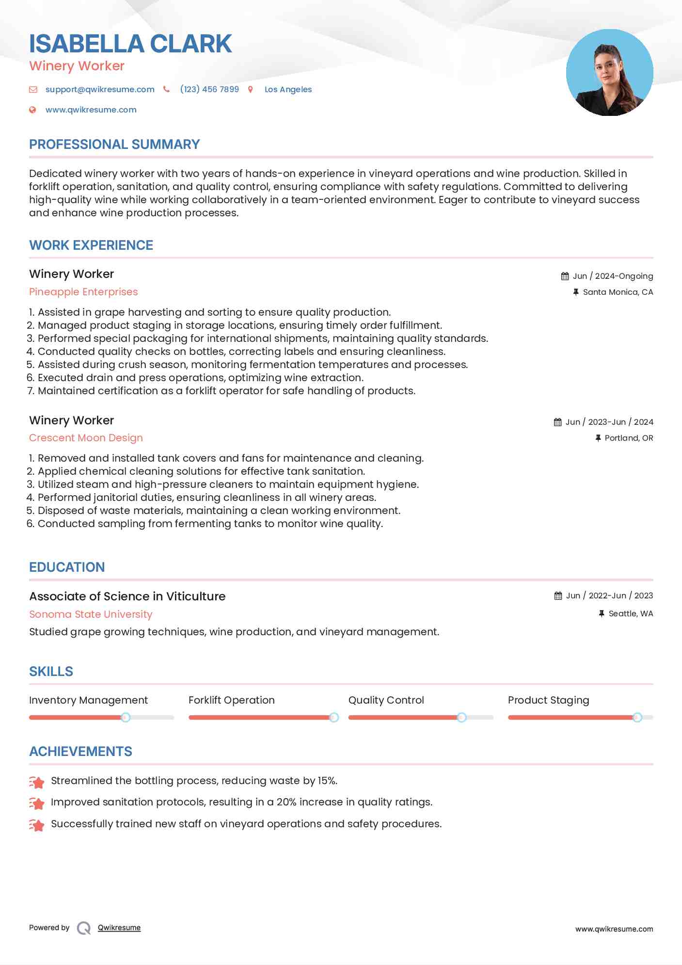 Winery Worker Resume Model