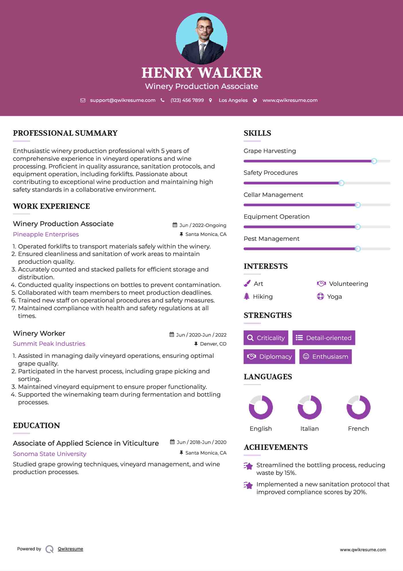 Winery Production Associate Resume Sample