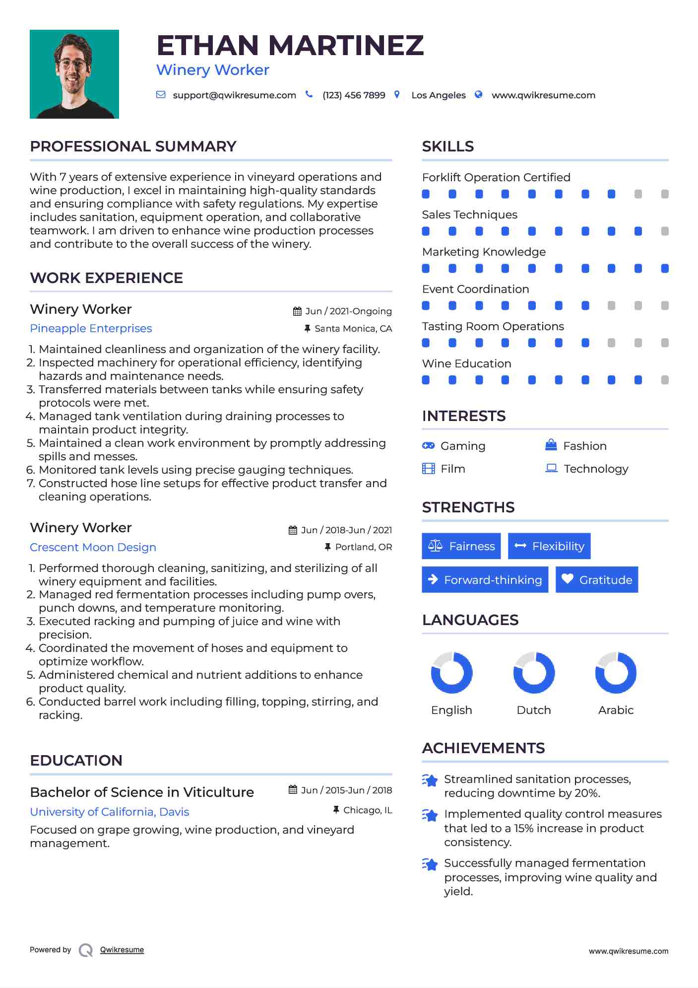 Winery Worker Resume Example