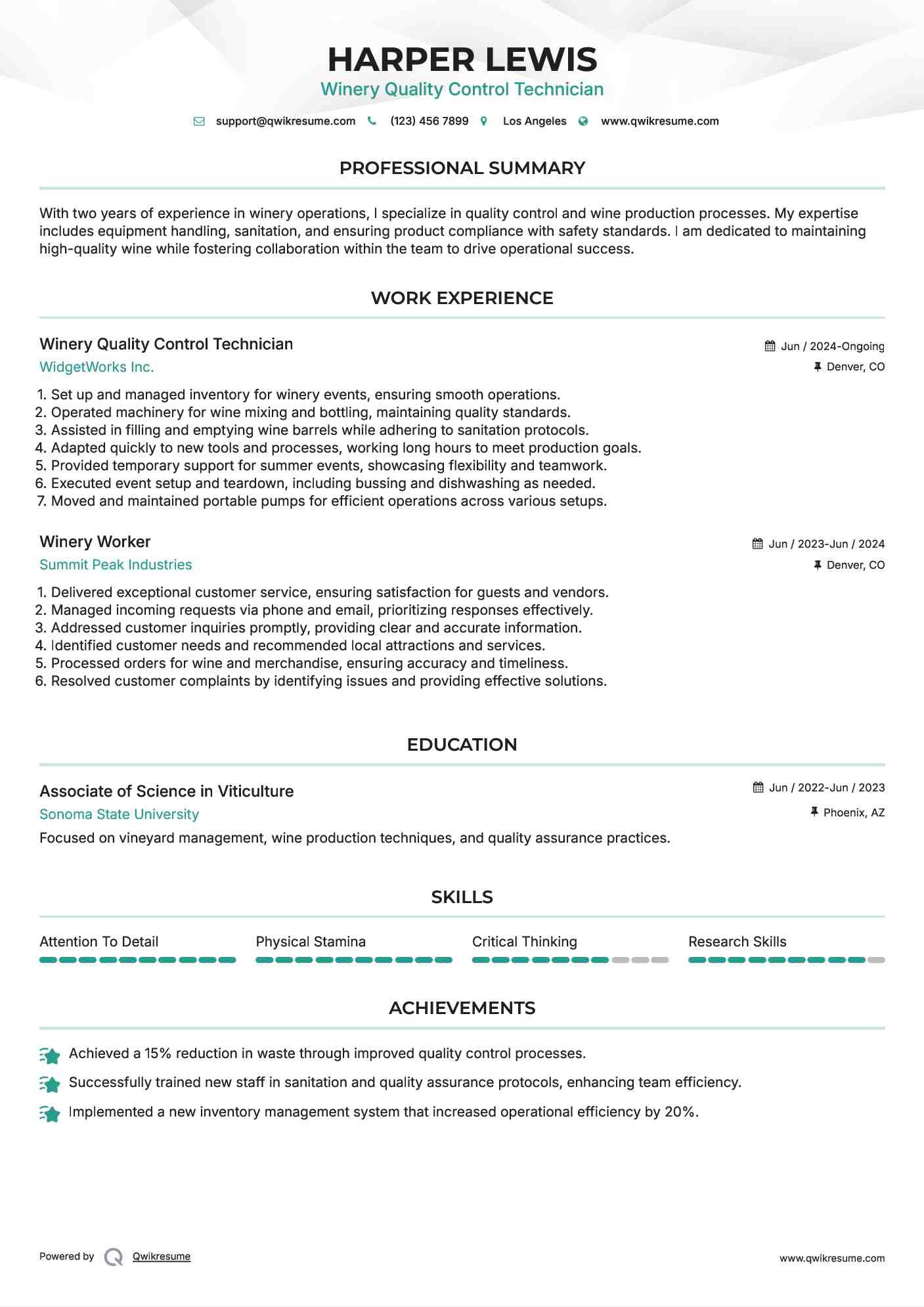 Winery Quality Control Technician Resume Sample